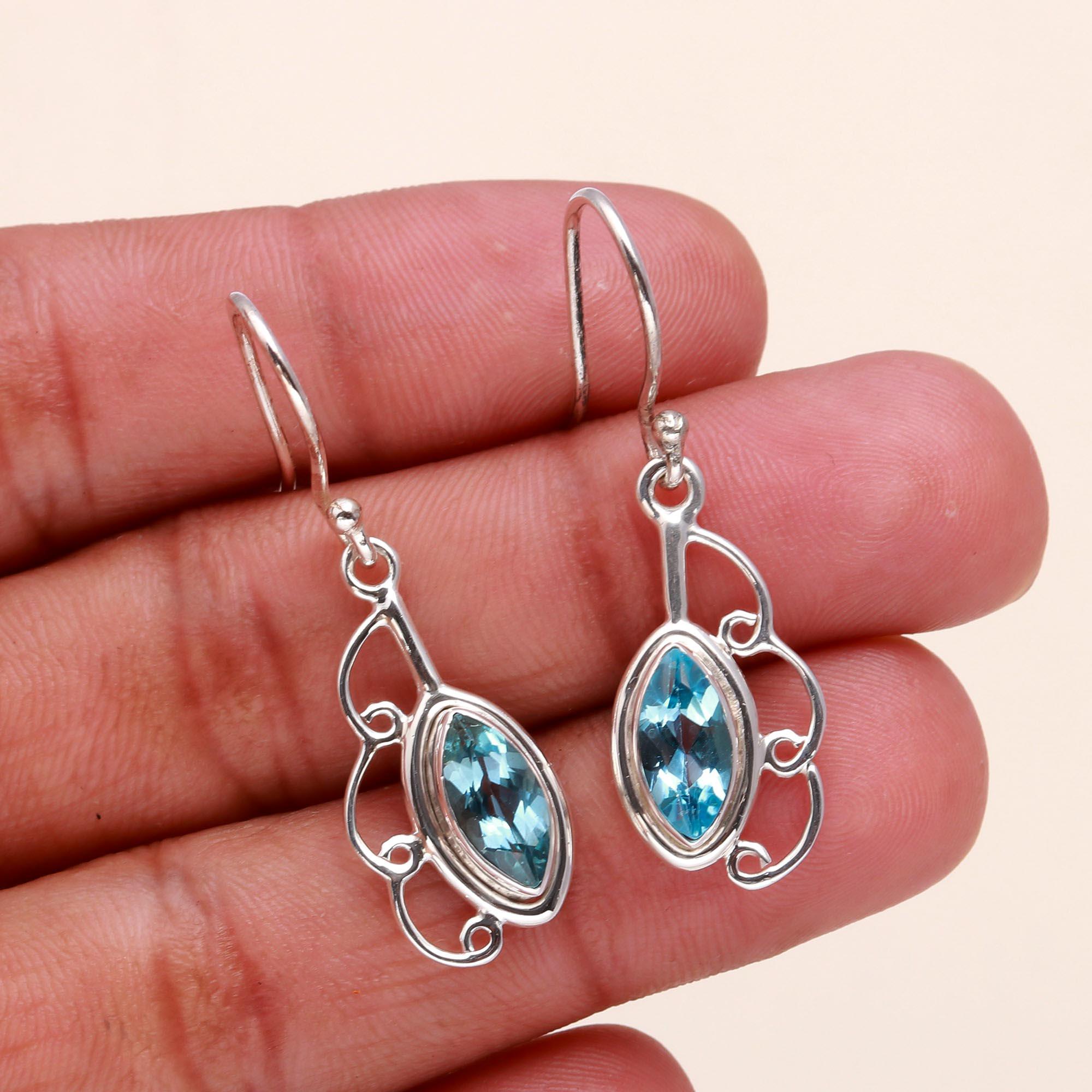 The Azure Leaf: Blue Topaz & Silver Filigree Drop Earrings