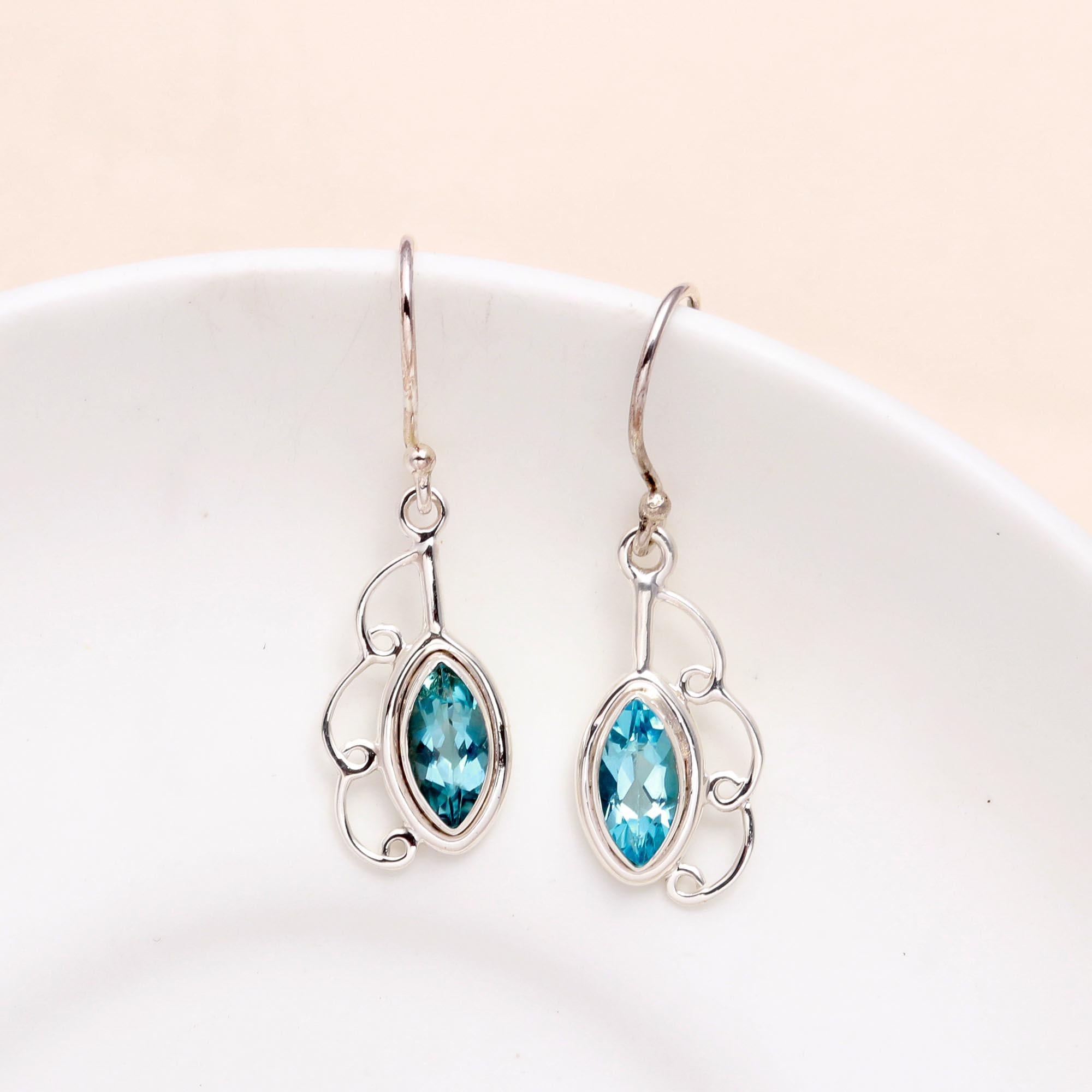 The Azure Leaf: Blue Topaz & Silver Filigree Drop Earrings