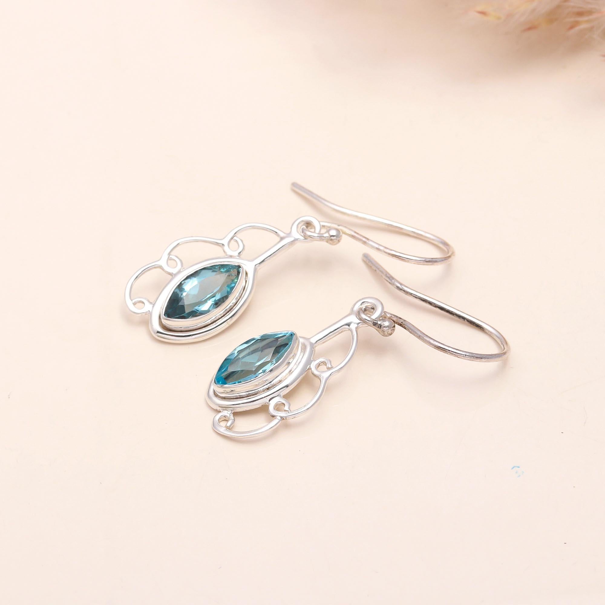 The Azure Leaf: Blue Topaz & Silver Filigree Drop Earrings