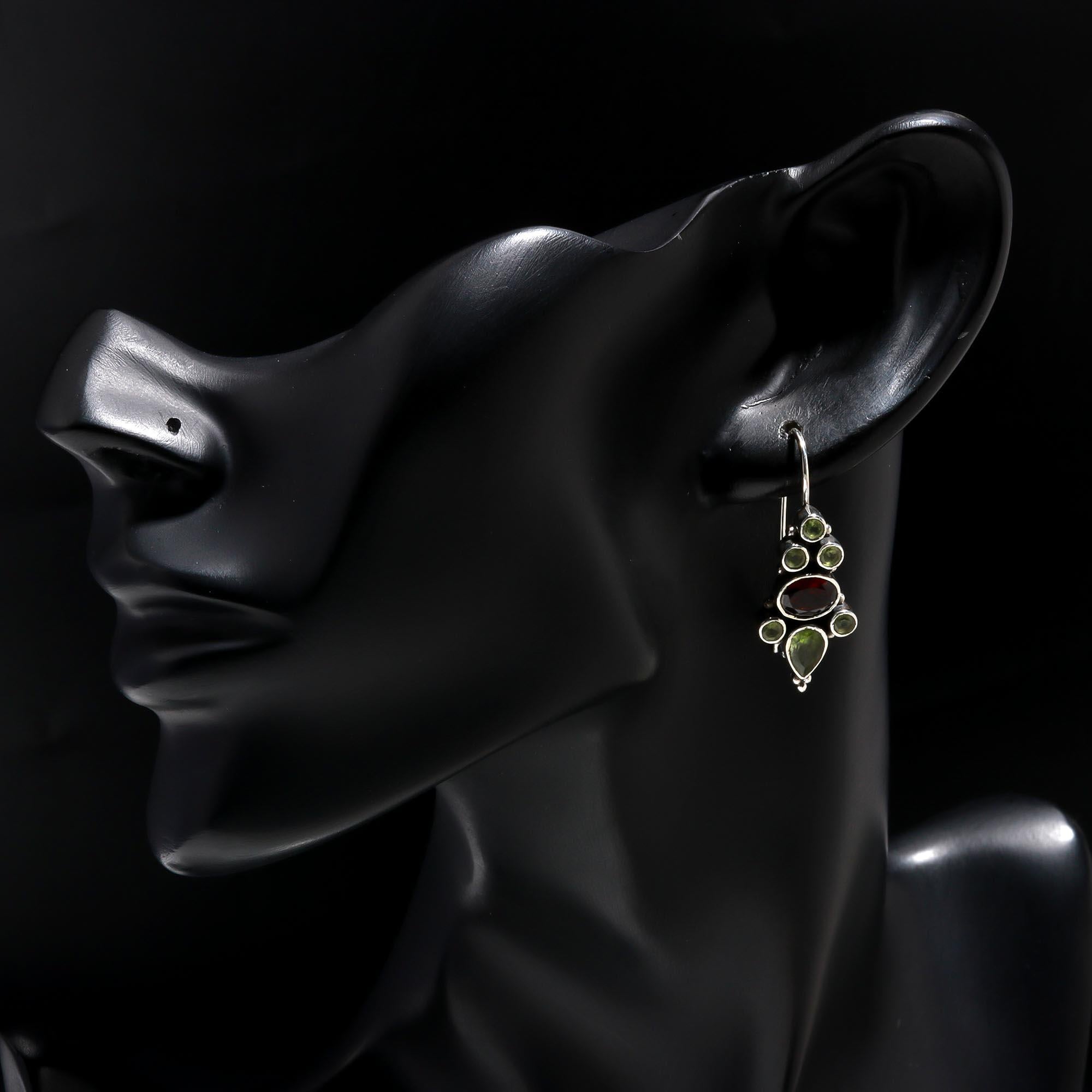 925 Sterling Silver Garnet & Peridot Vintage Boho Dangle Earrings