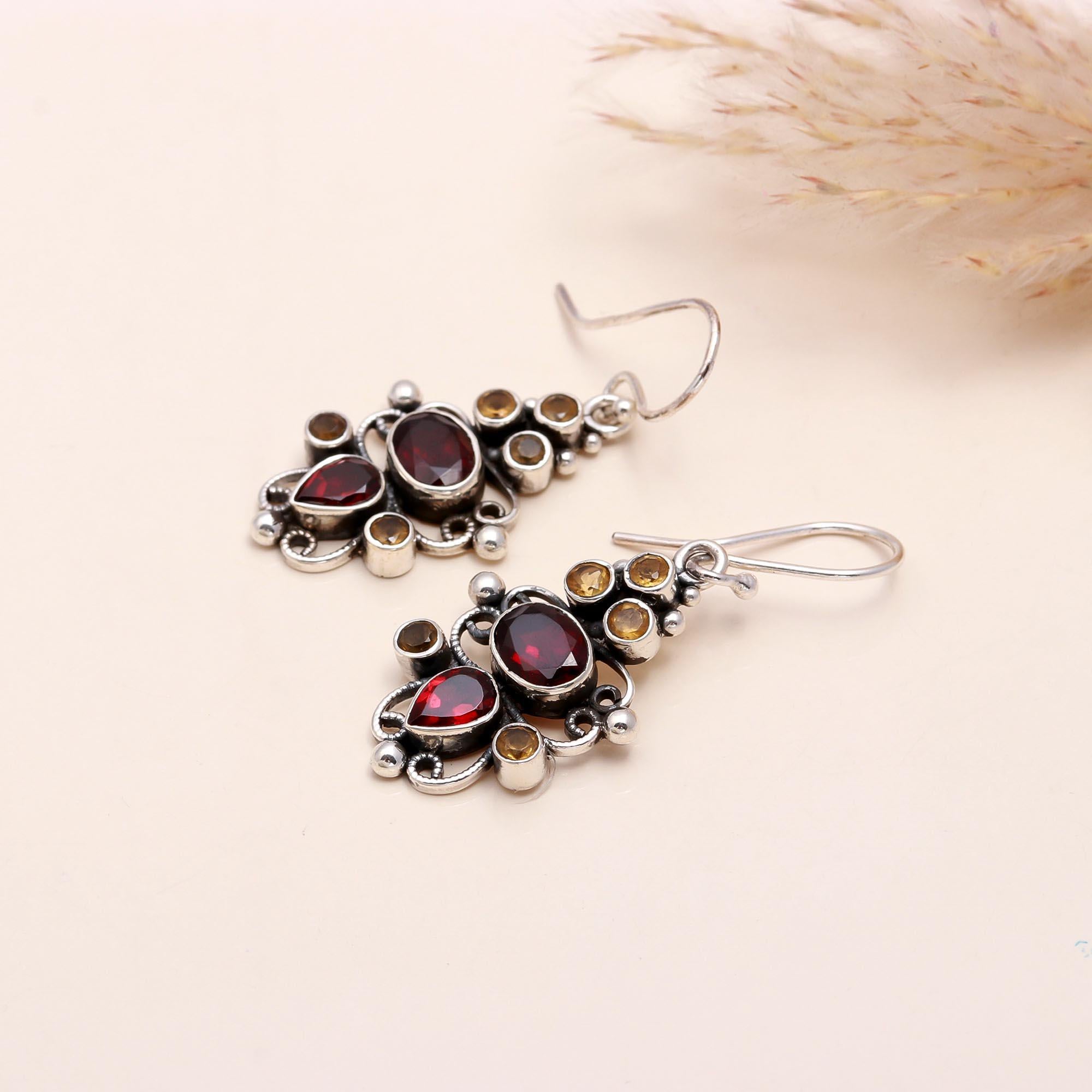 925 Sterling Silver Garnet & Citrine Vintage Boho Dangle Earrings