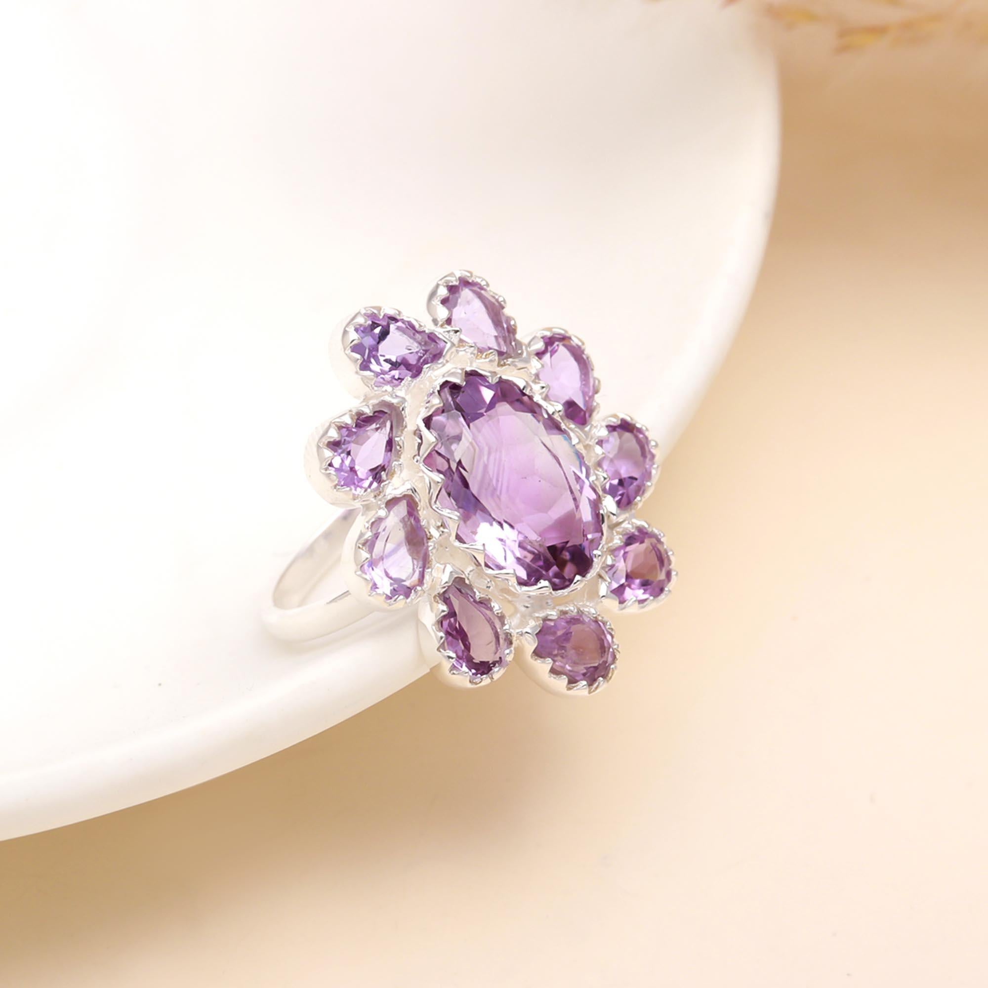 The Violet Bloom: Amethyst Silver Floral Cluster Ring