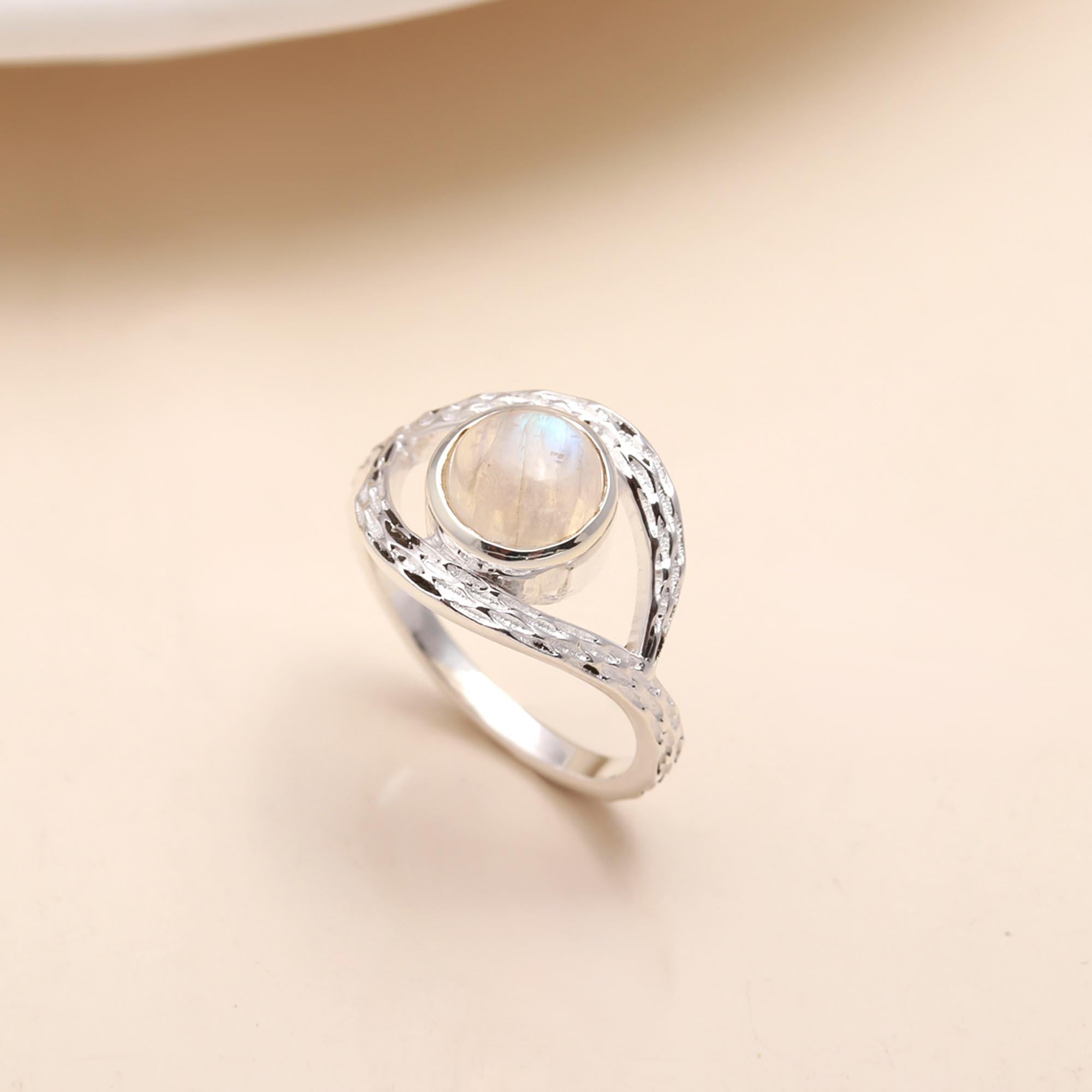 925 Sterling Silver Twisted Band Rainbow Moonstone Ring