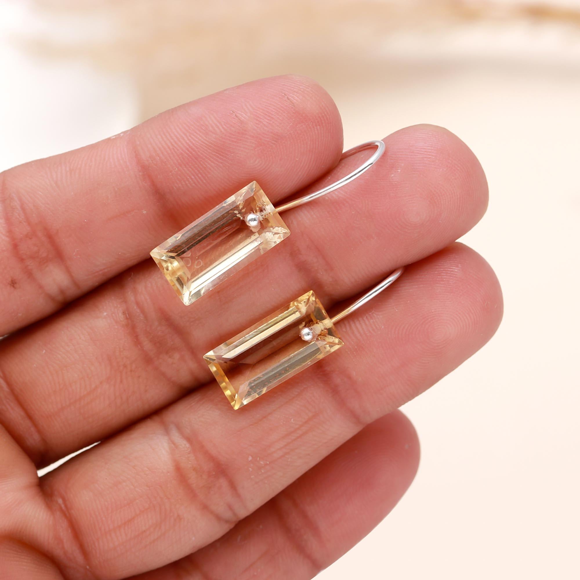 925 Sterling Silver Baguette Citrine Dangle Earrings