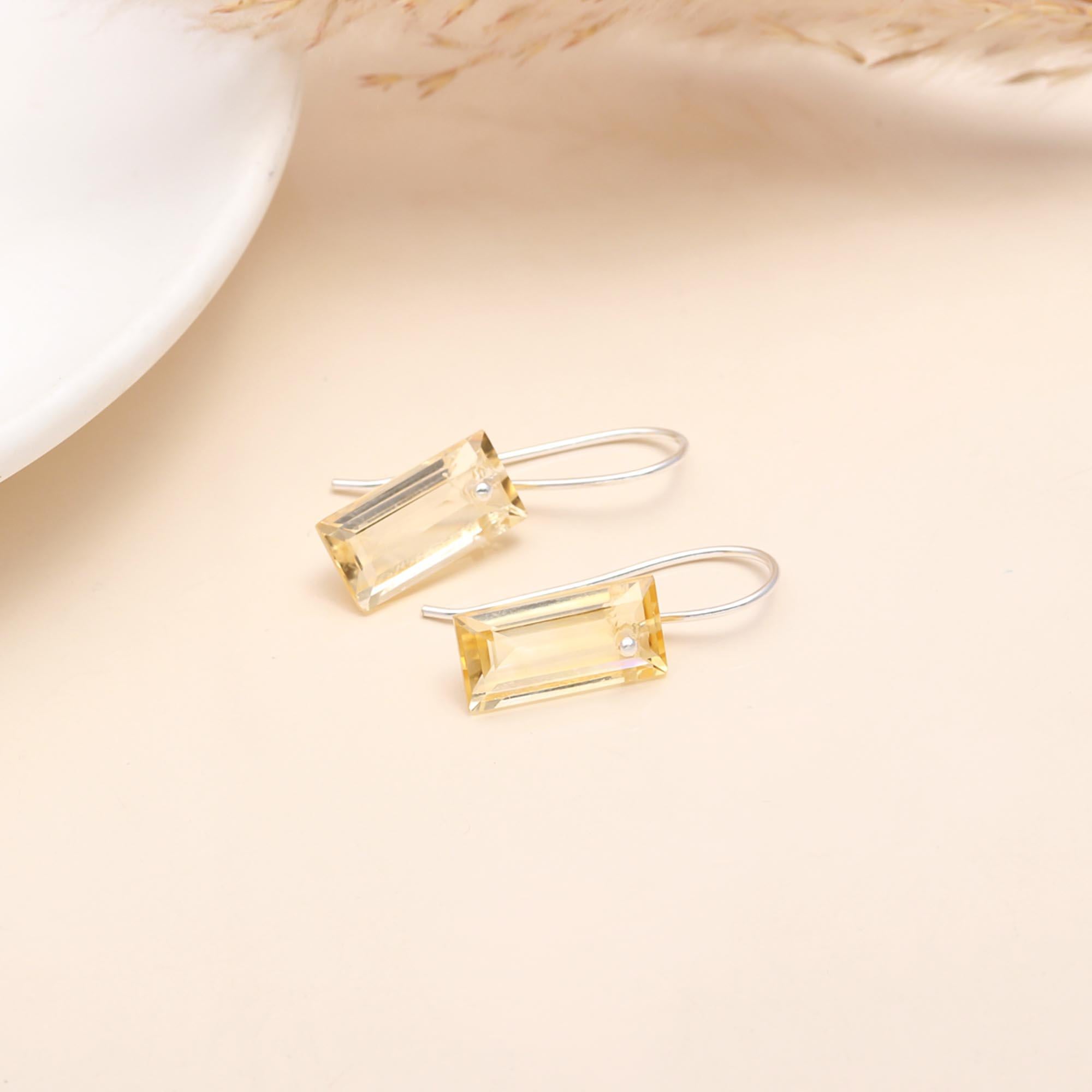 925 Sterling Silver Baguette Citrine Dangle Earrings