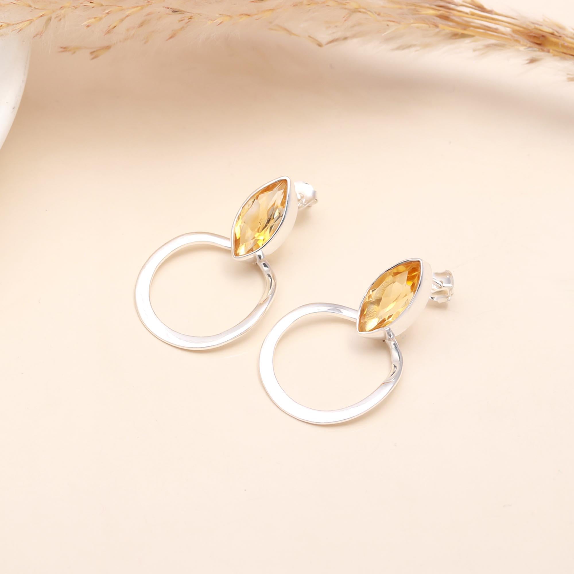 The Solar Orbit: Citrine Marquise & Silver Circle Earrings