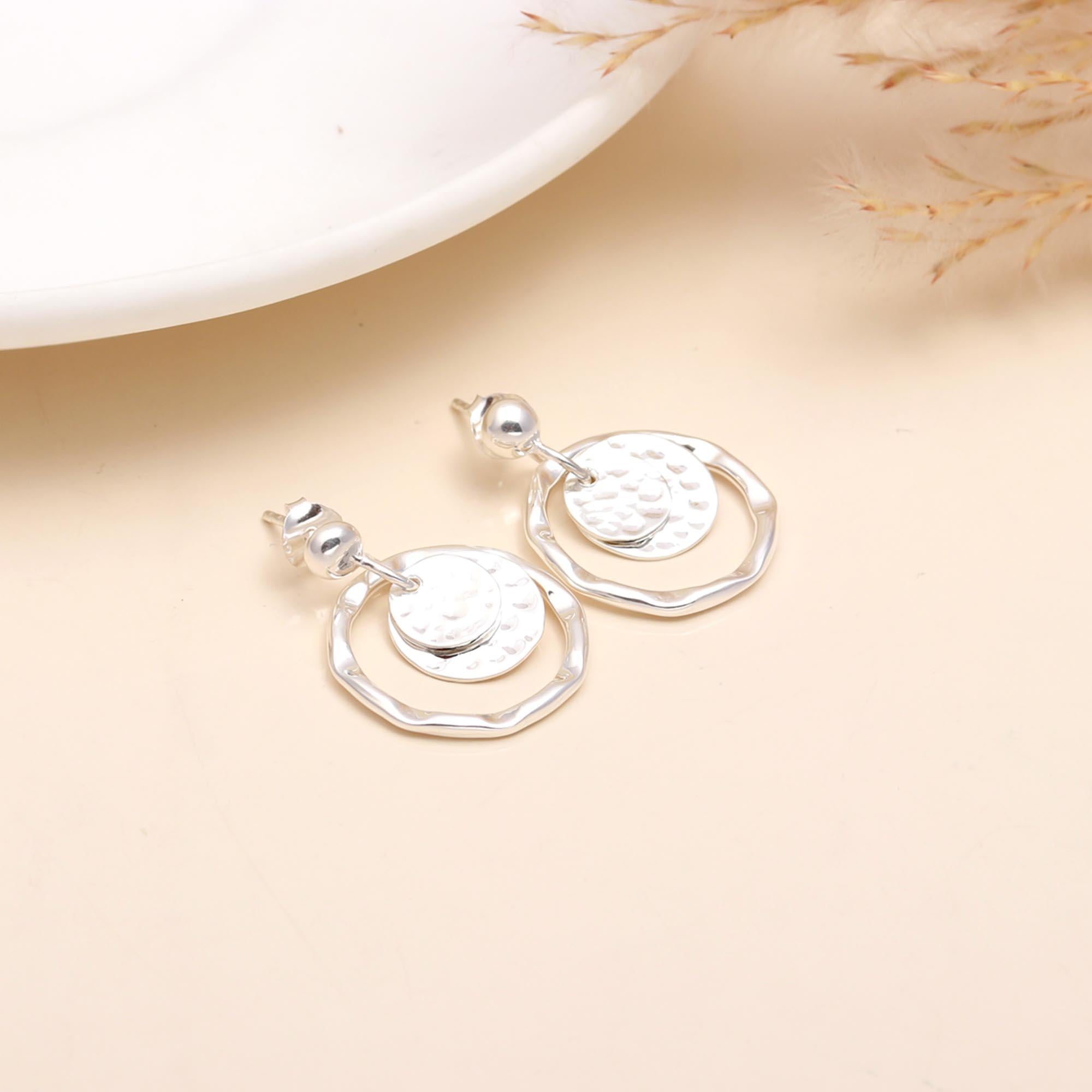 925 Sterling Silver Textured Circle Dangle Earrings