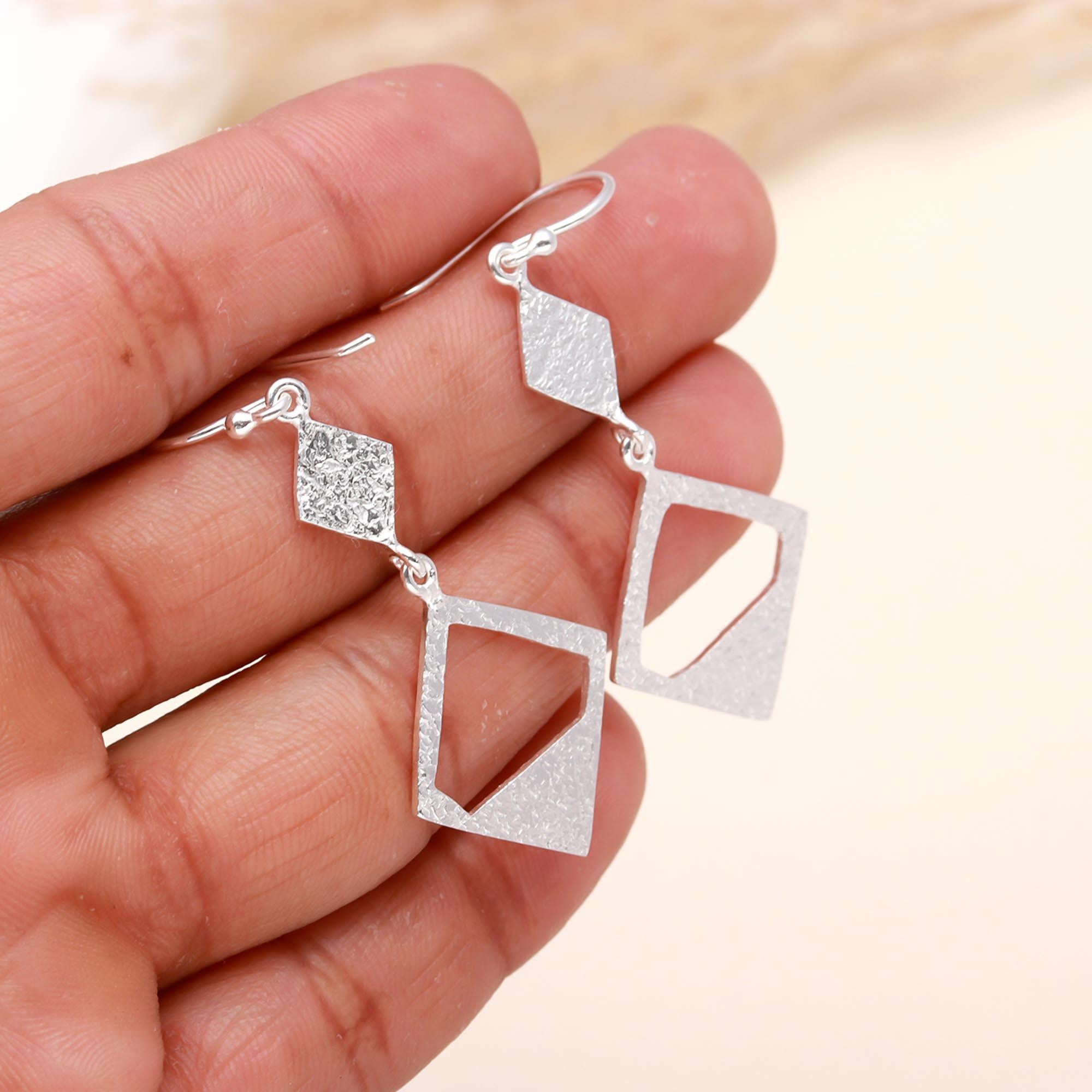 925 Sterling Silver Textured Geometric Modern Drop Earrings
