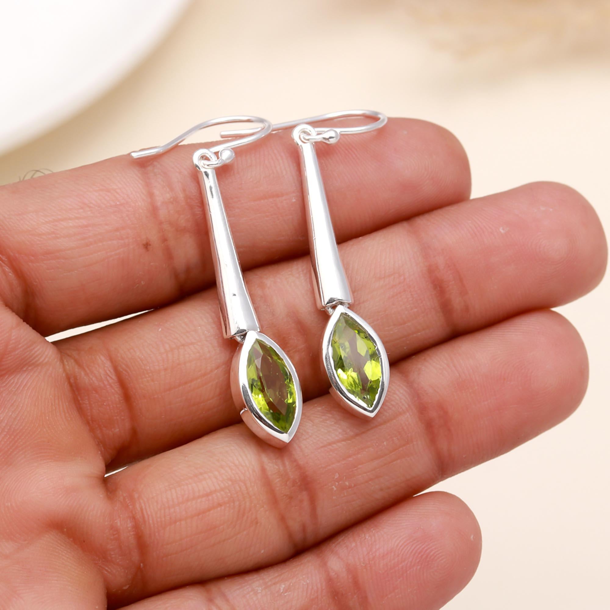 925 Sterling Silver Marquise Peridot Dangle Earrings
