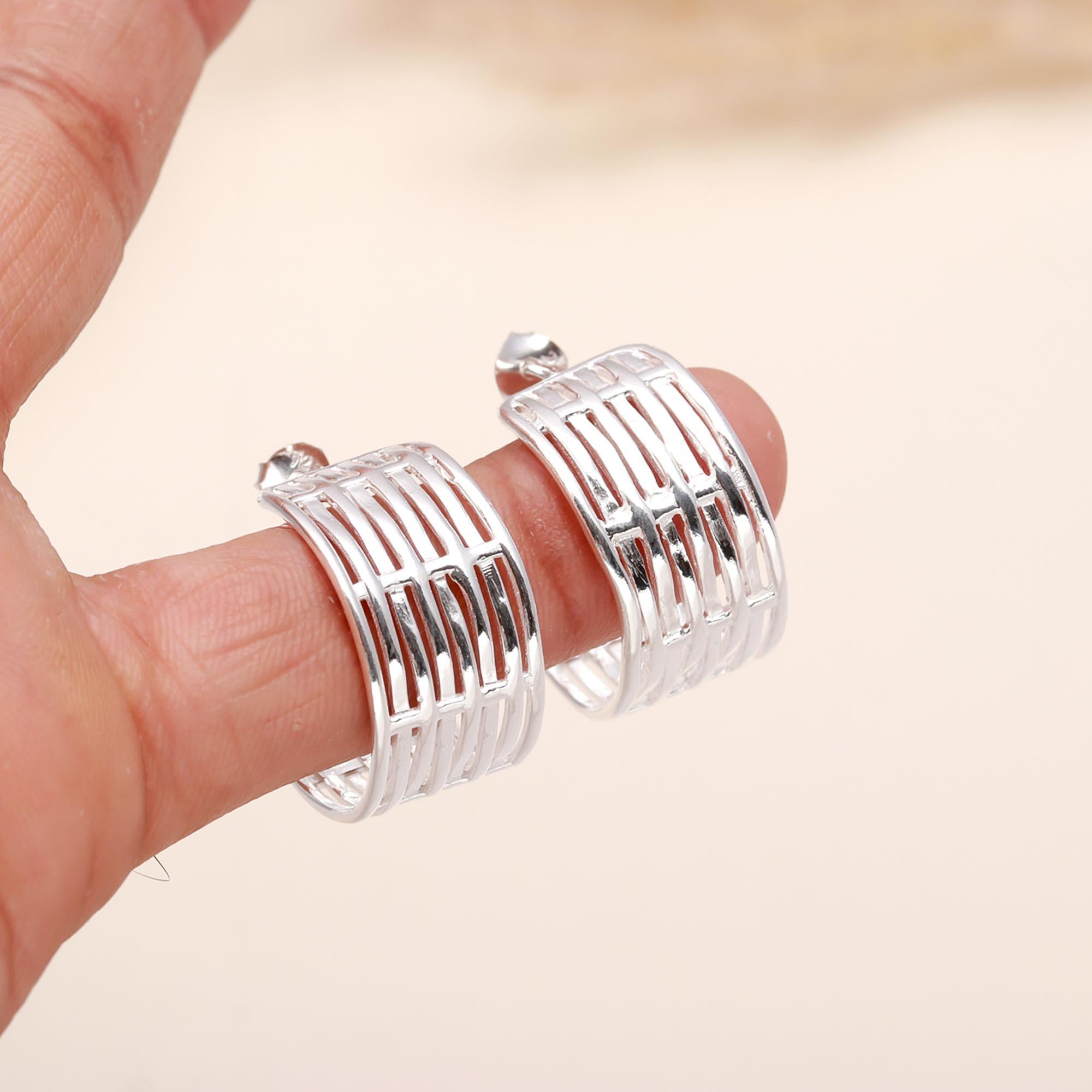 925 Sterling Silver Modern Wide Grid Multi-Rowed Studs Earrings