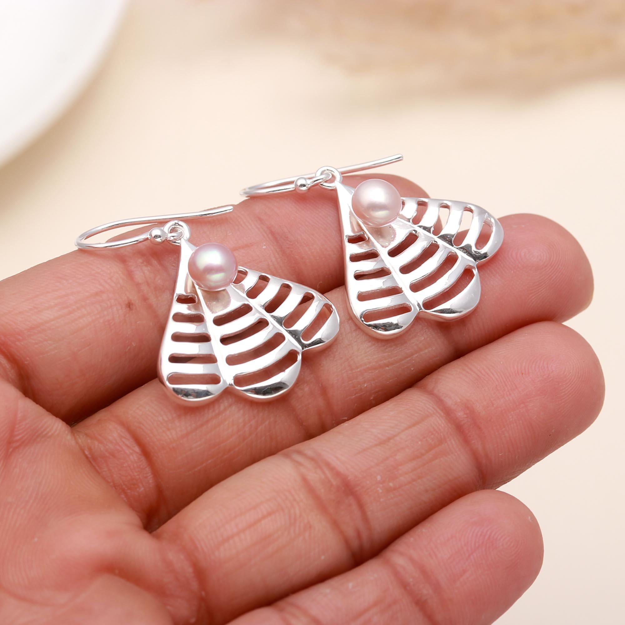 925 Sterling Silver Fan Pearl Drop Earrings