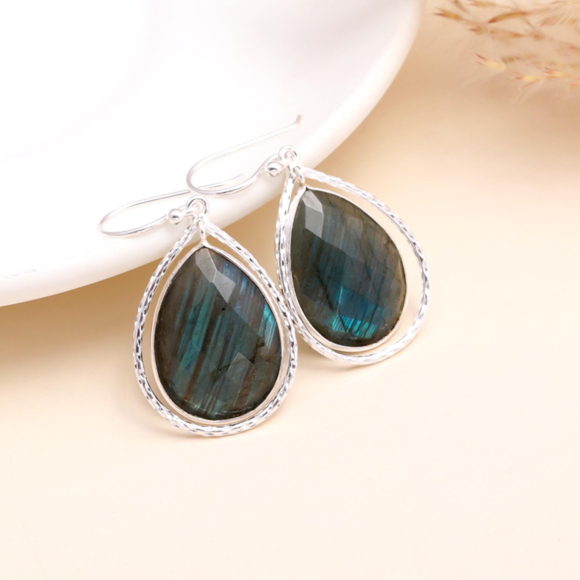 925 Sterling Silver Teardrop Labradorite Dangle Earrings