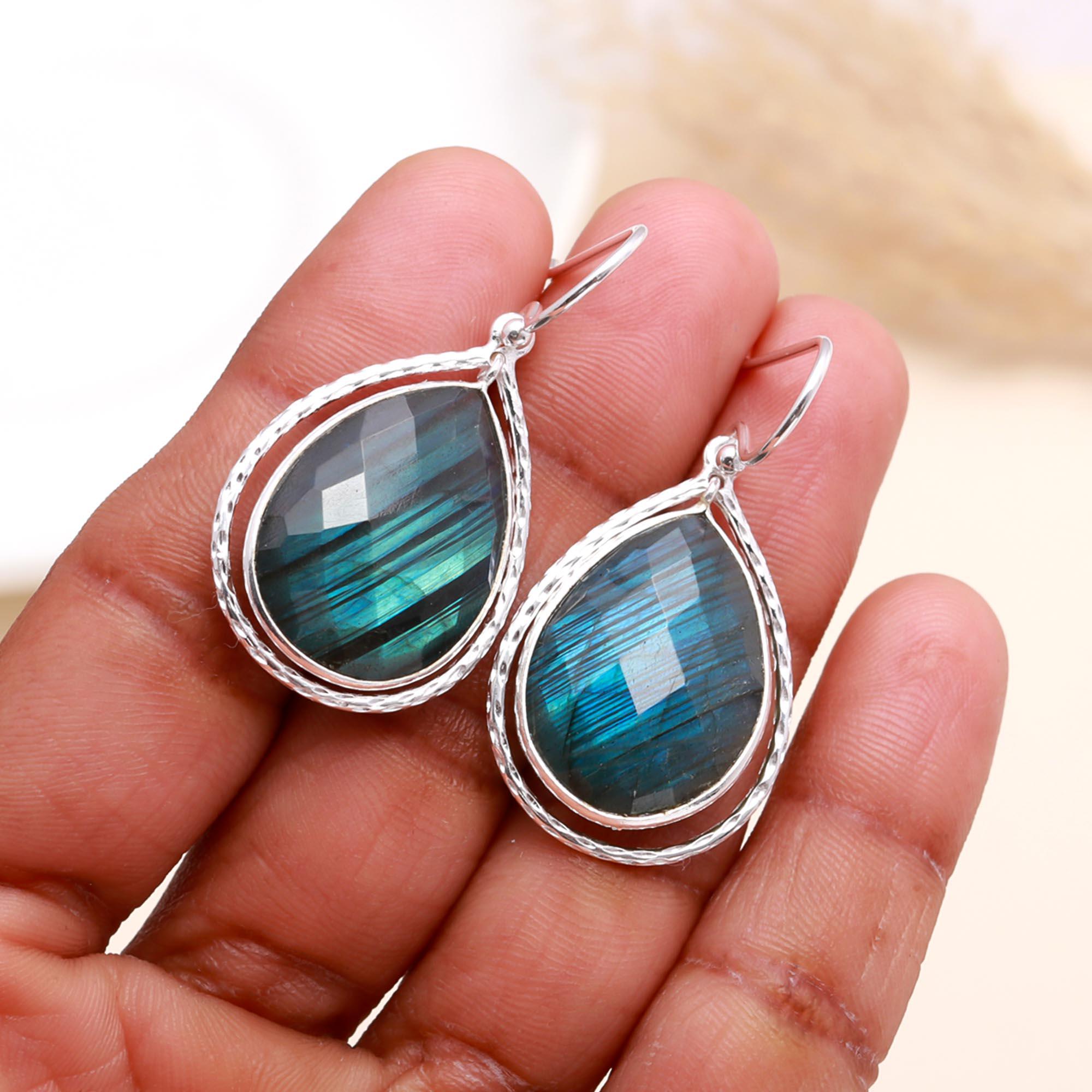 925 Sterling Silver Teardrop Labradorite Dangle Earrings
