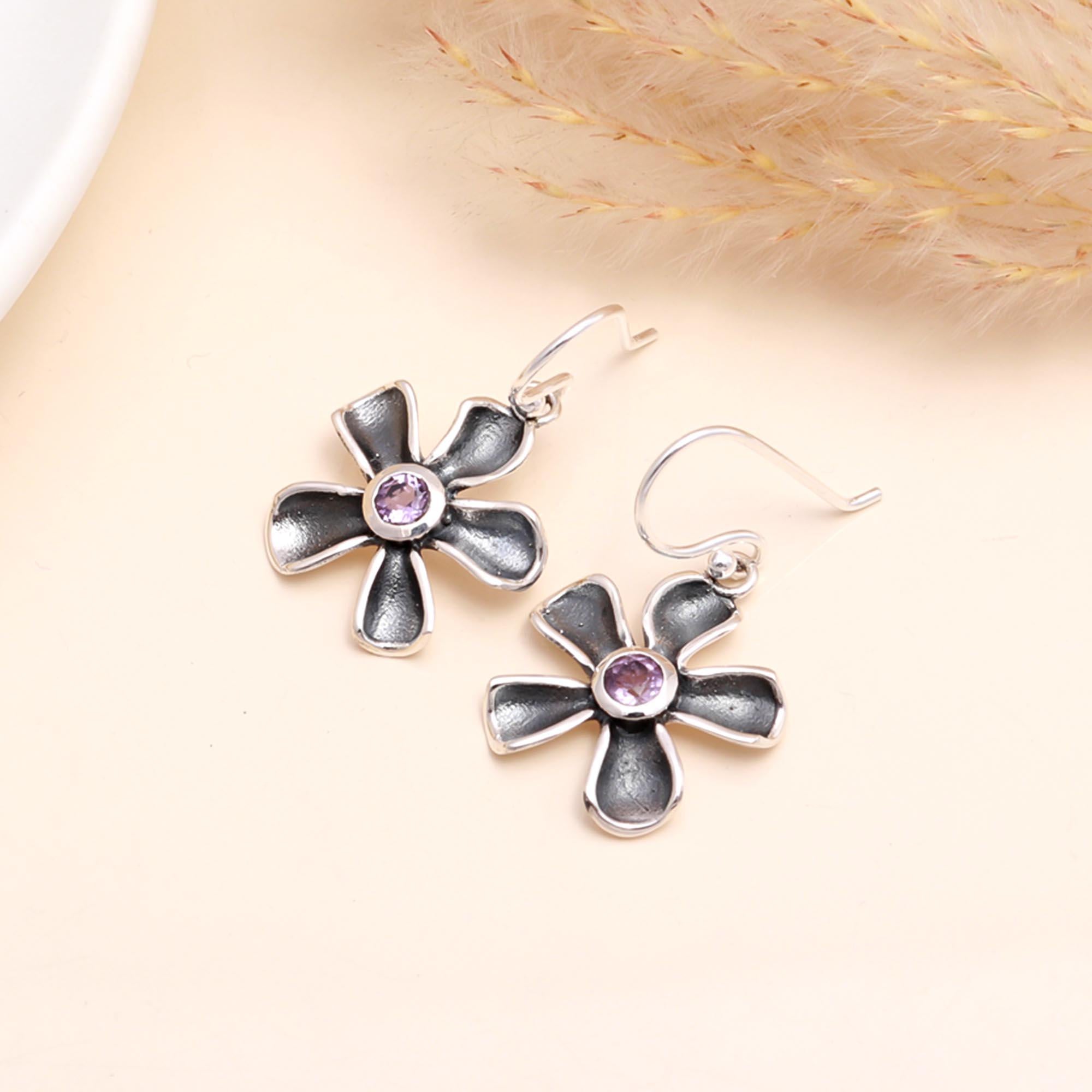 925 Sterling Silver Amethyst Flower Dangle Earrings