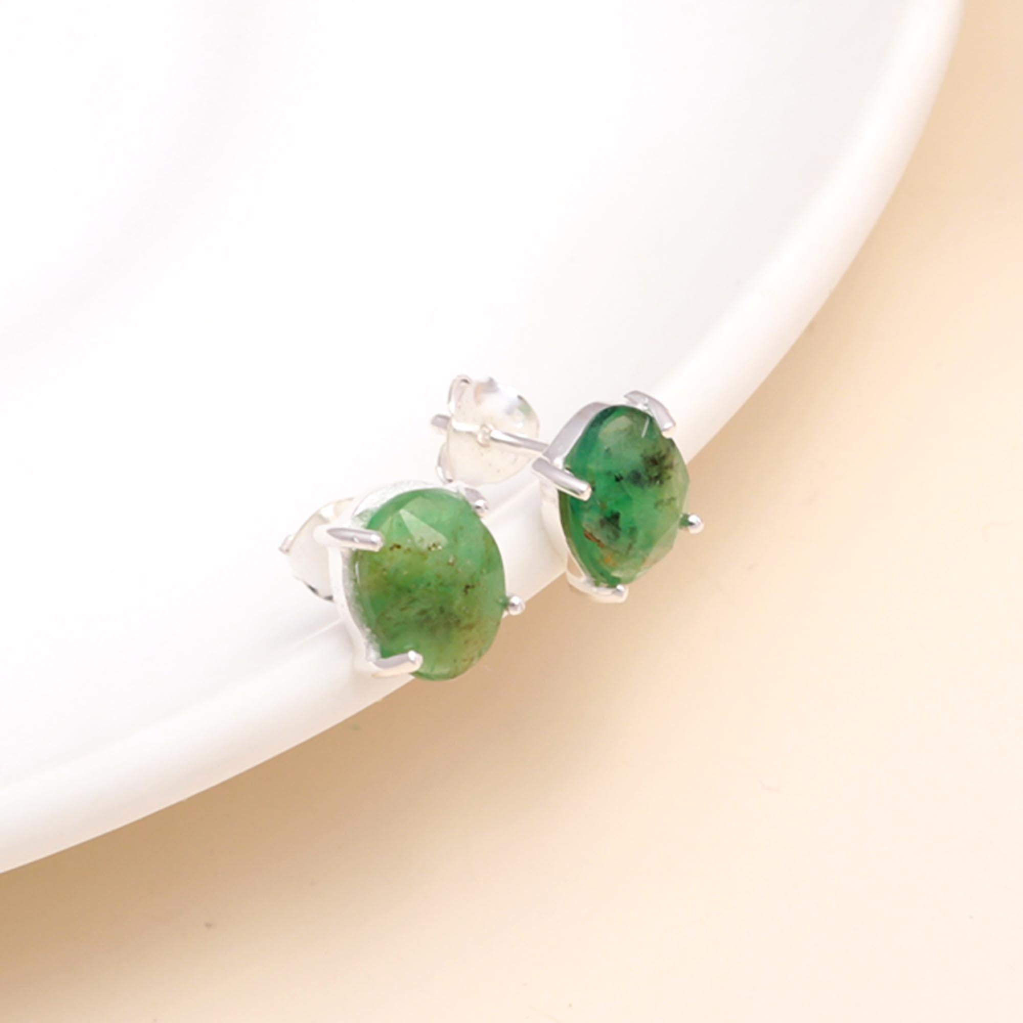 925 Sterling Silver Natural Green Emerald Stud Earrings