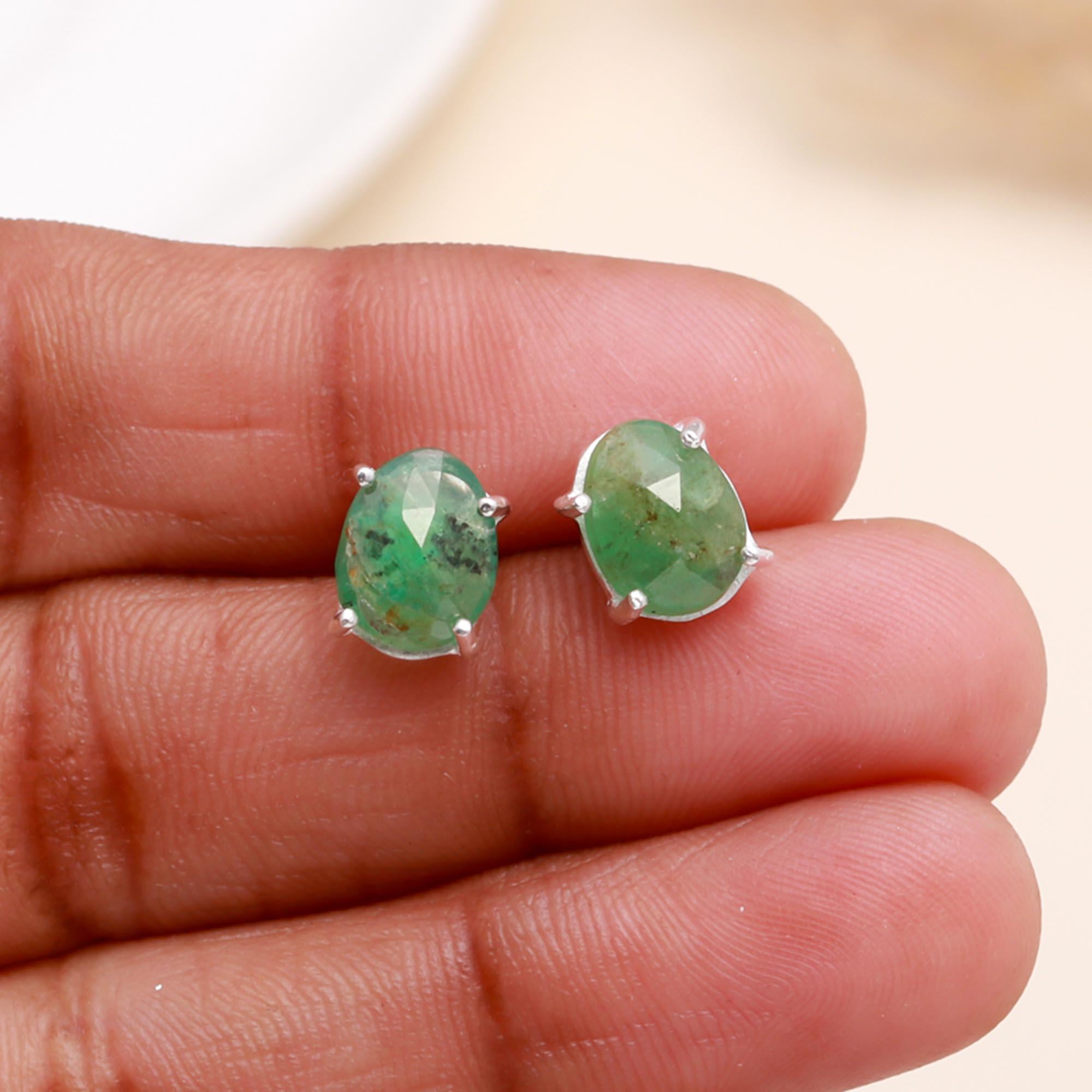 925 Sterling Silver Natural Green Emerald Stud Earrings
