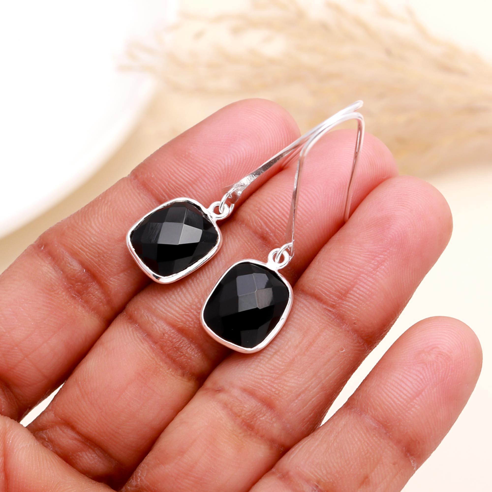 925 Sterling Silver Black Onyx Cushion-Cut Drop Earrings