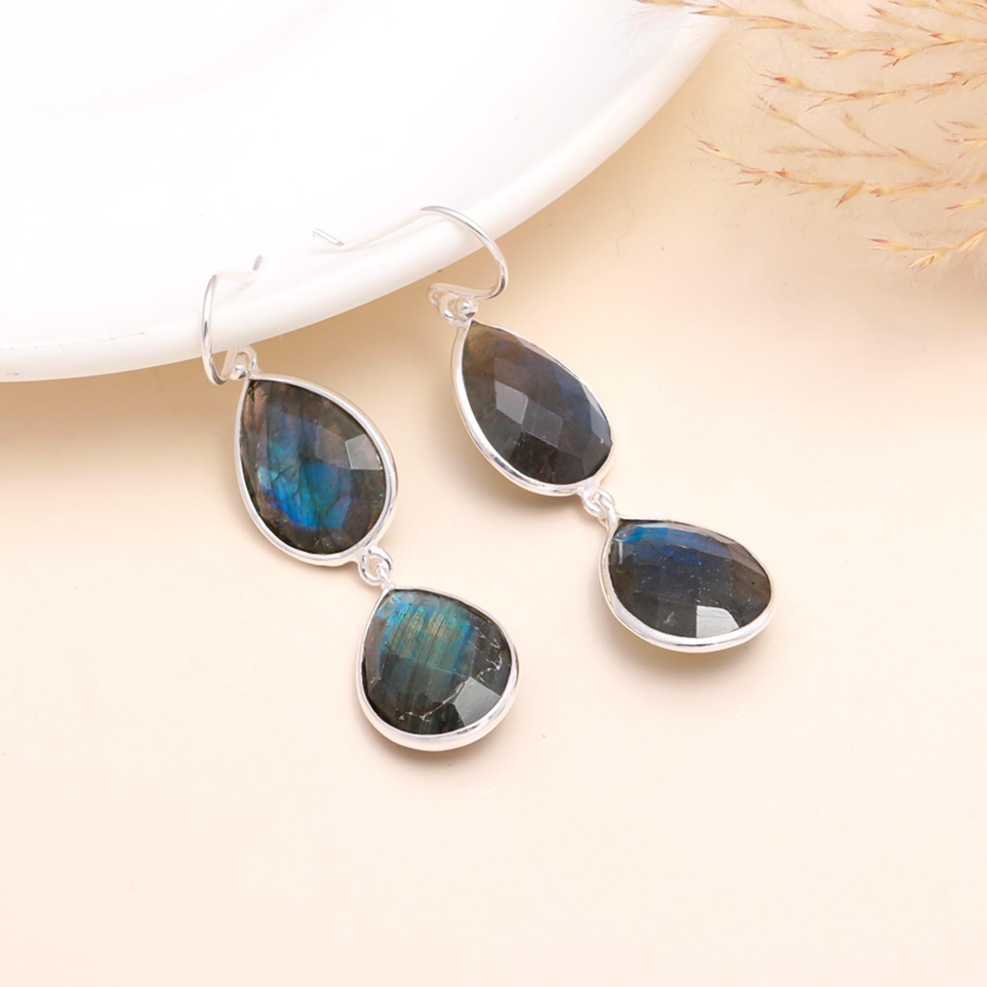925 Sterling Silver Labradorite Double Drop Earrings