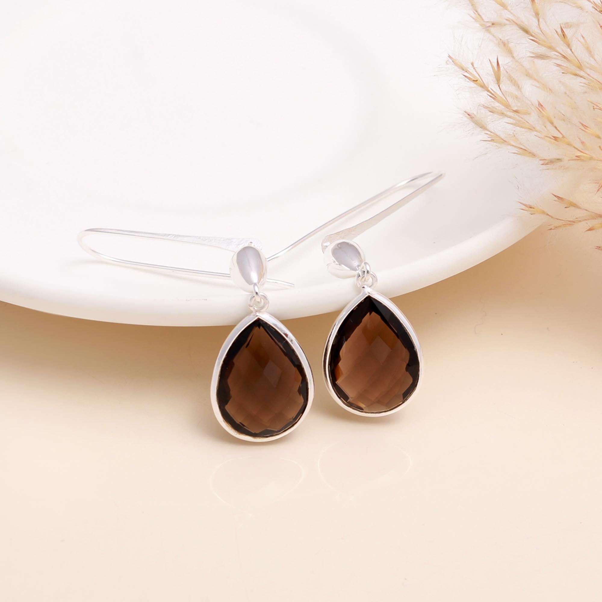925 Sterling Silver Smoky Quartz Teardrop Dangle Earrings