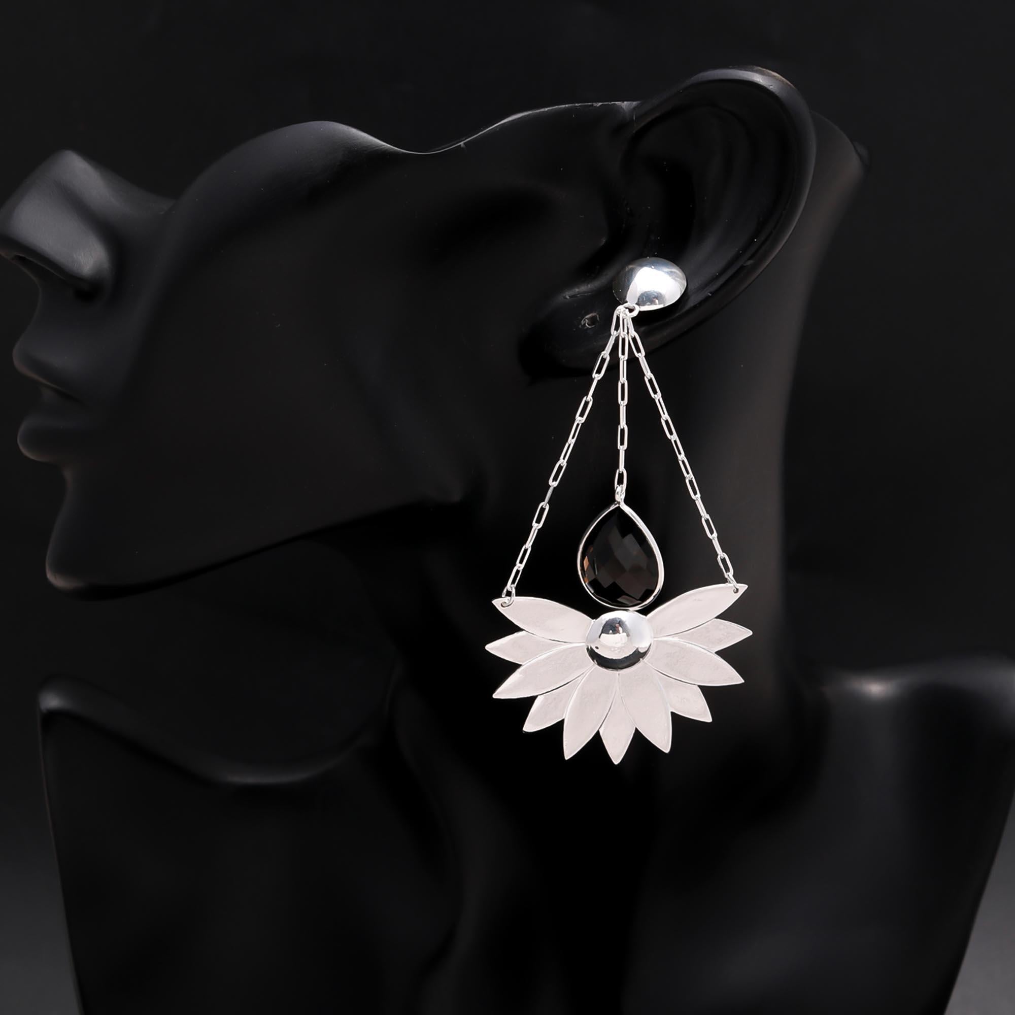 925 Sterling Silver Smoky Quartz Floral Dangle Earrings