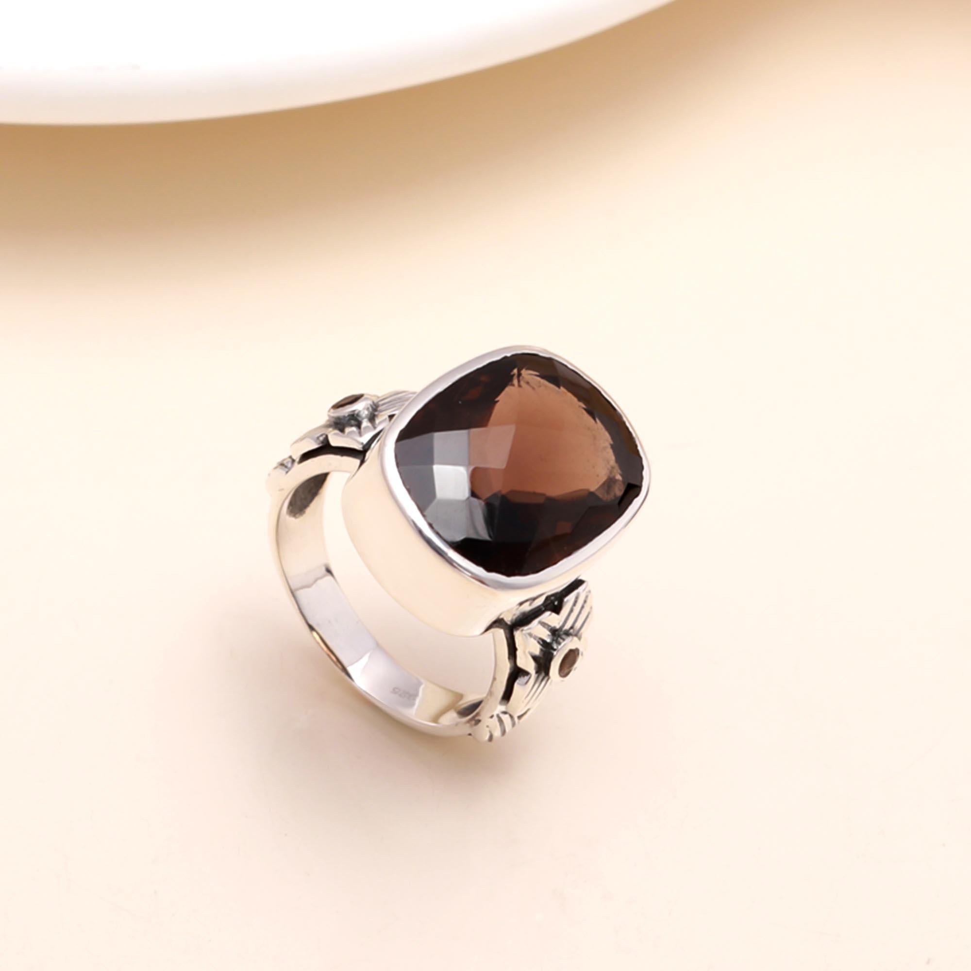 925 Sterling Silver Cushion-Cut Smoky Quartz Boho Ring