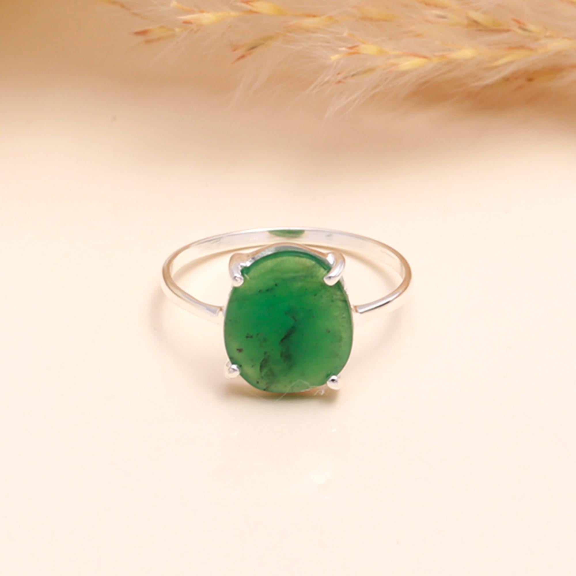 925 Sterling Silver Cushion-Cut Green Jade Ring