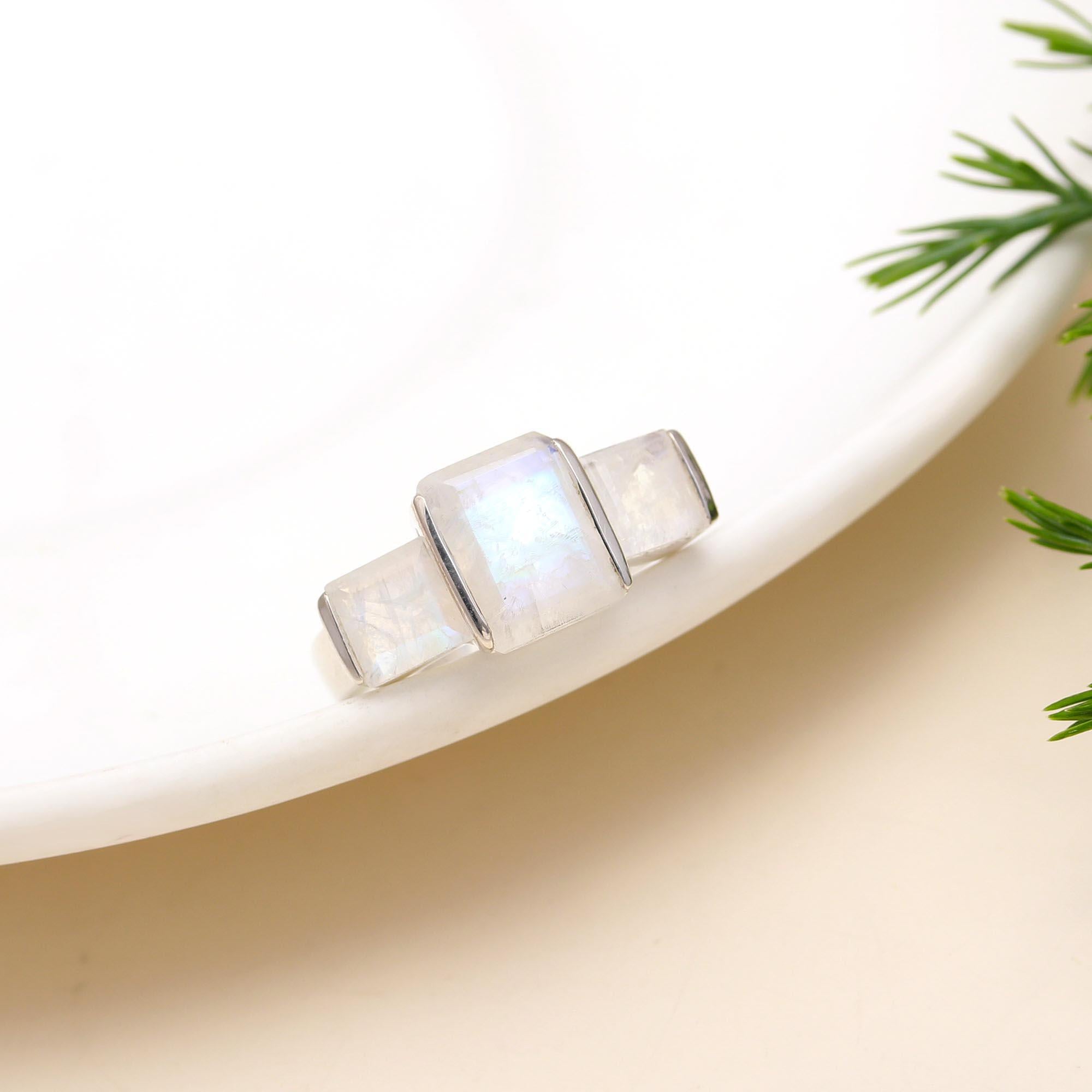 925 Silver Triple Rainbow Moonstone Ring