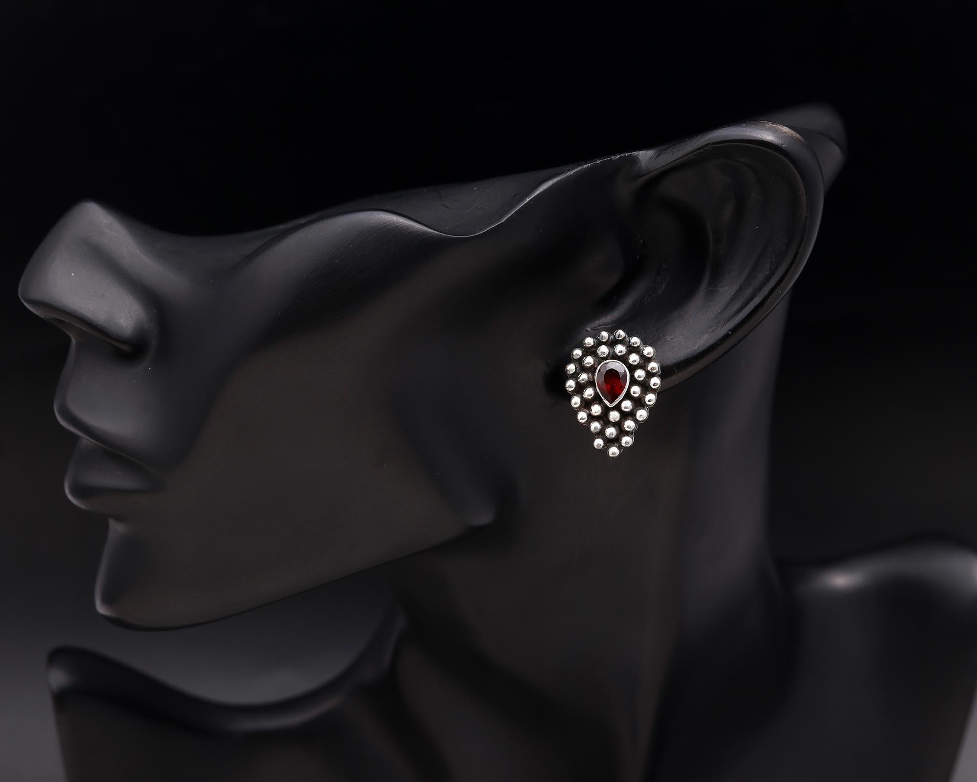 925 Silver Garnet & Beaded Design Stud Earrings