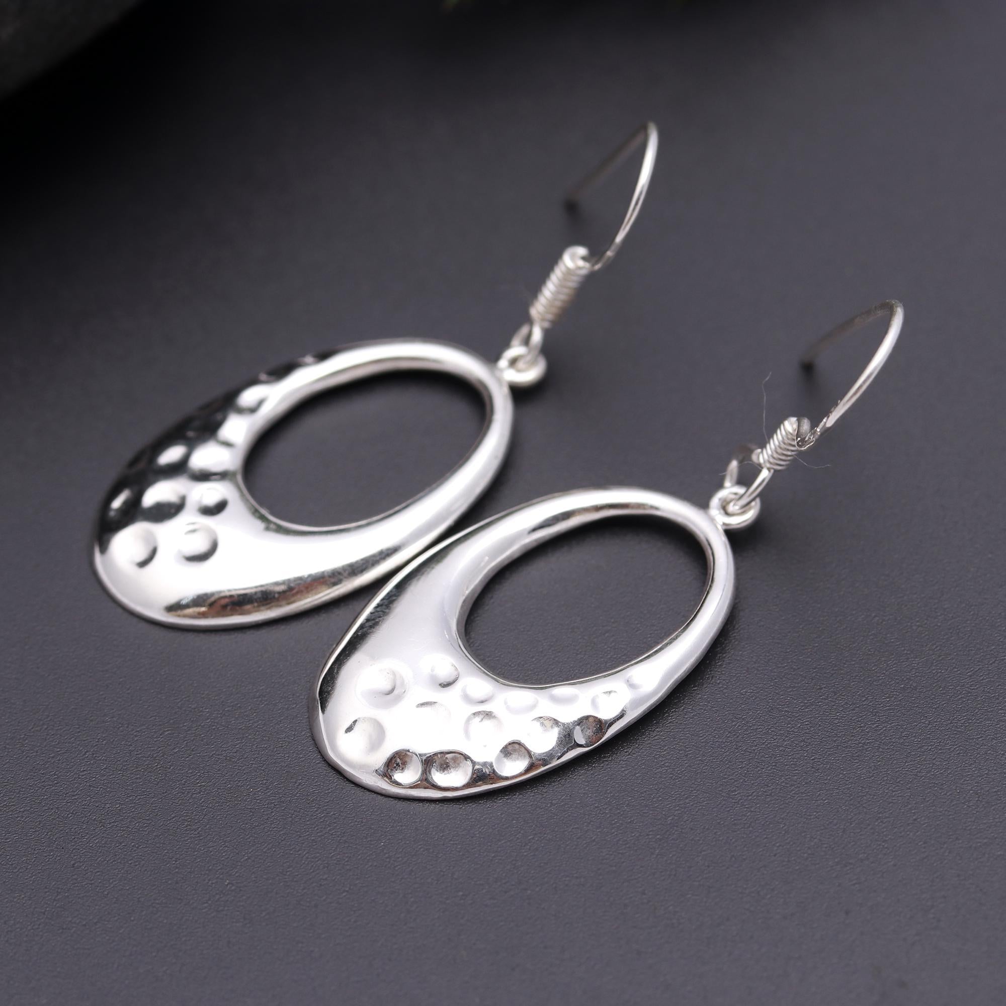 925 Silver Hammered Oval Drop Earrings