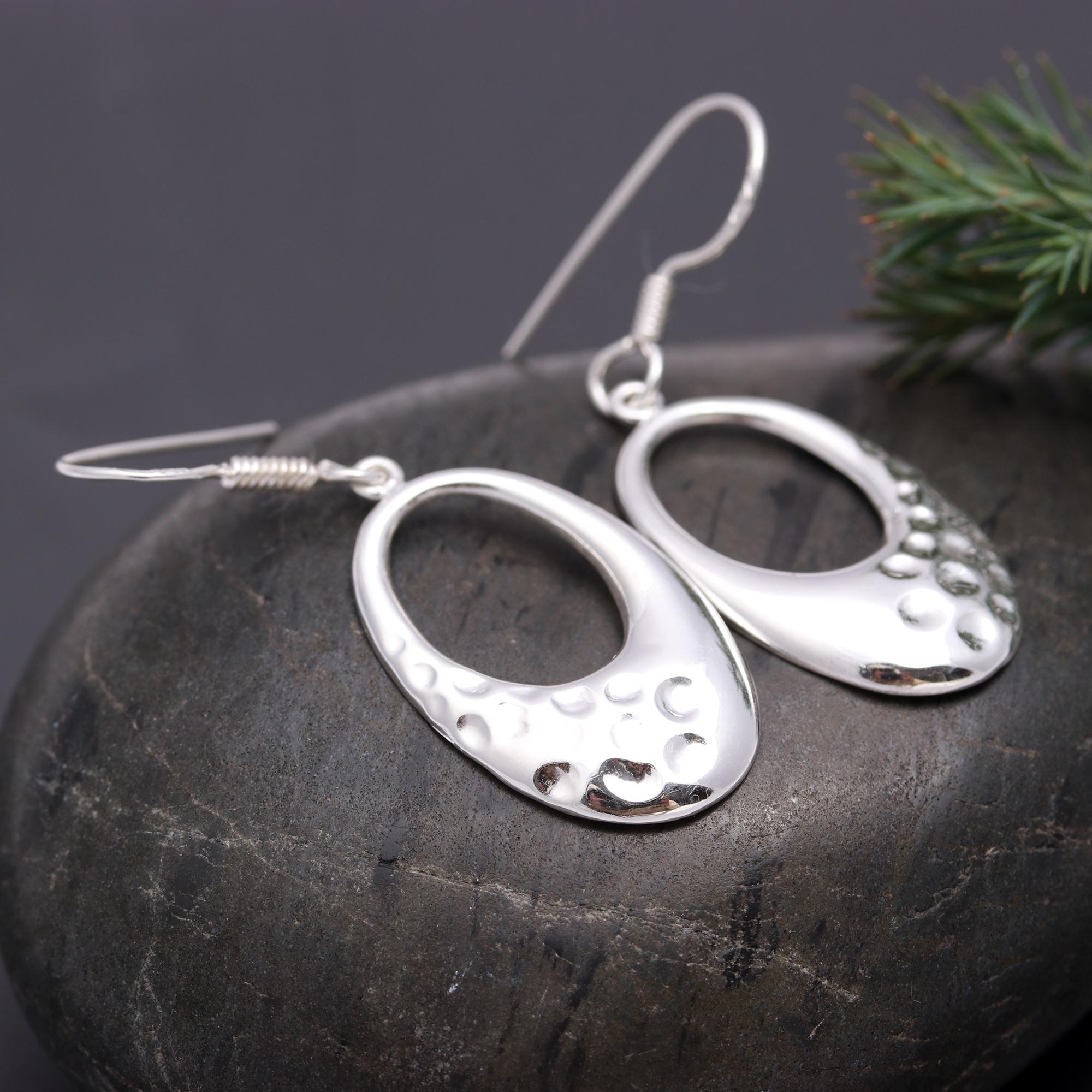 925 Silver Hammered Oval Drop Earrings
