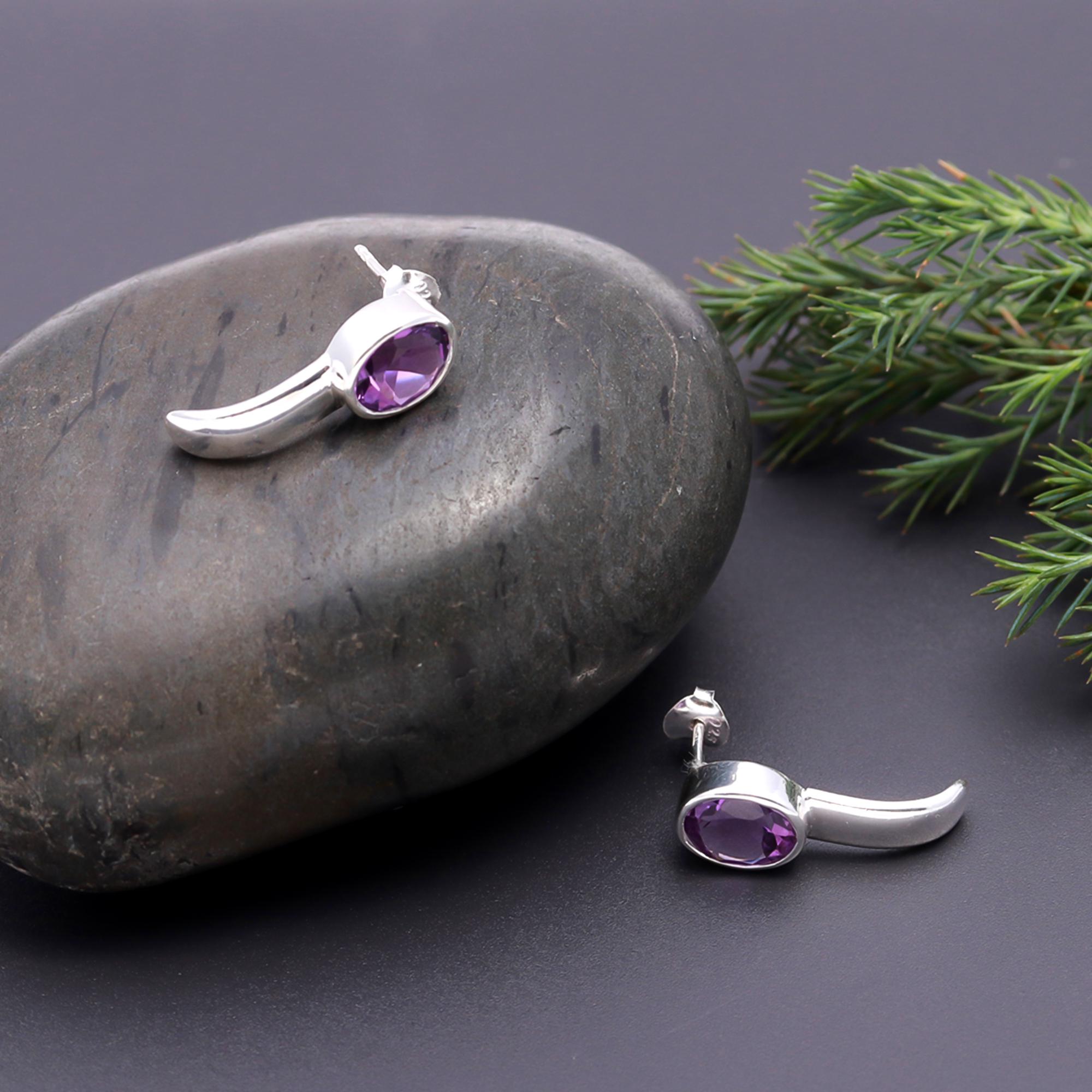 925 Silver Oval Amethyst Stud Earrings