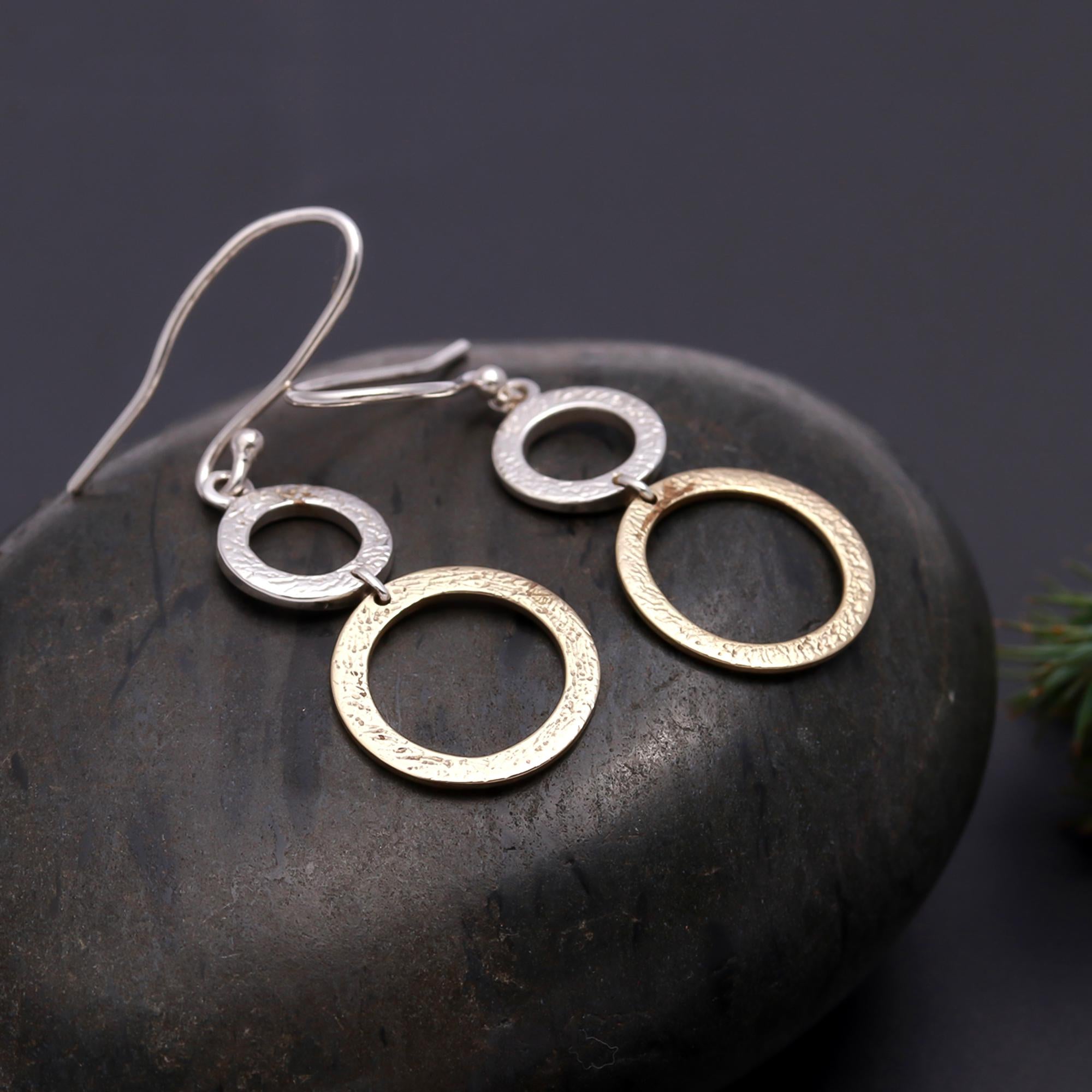 925 Silver Two-Tone Textured Circle Drop Earrings