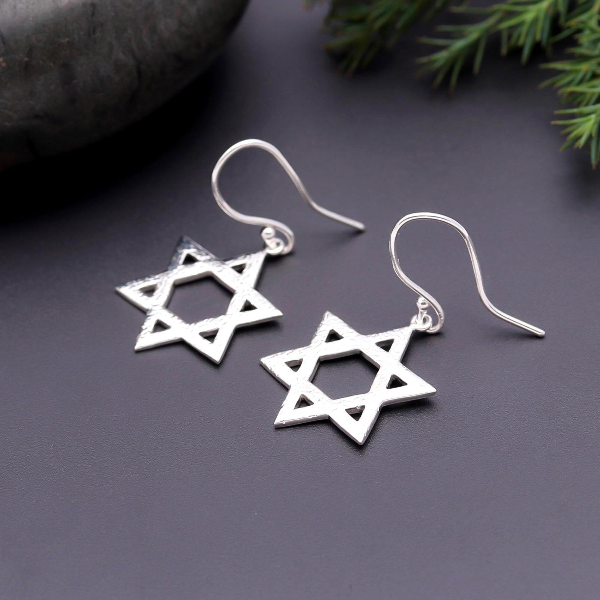 925 Silver Star of David Textured Drop Earrings