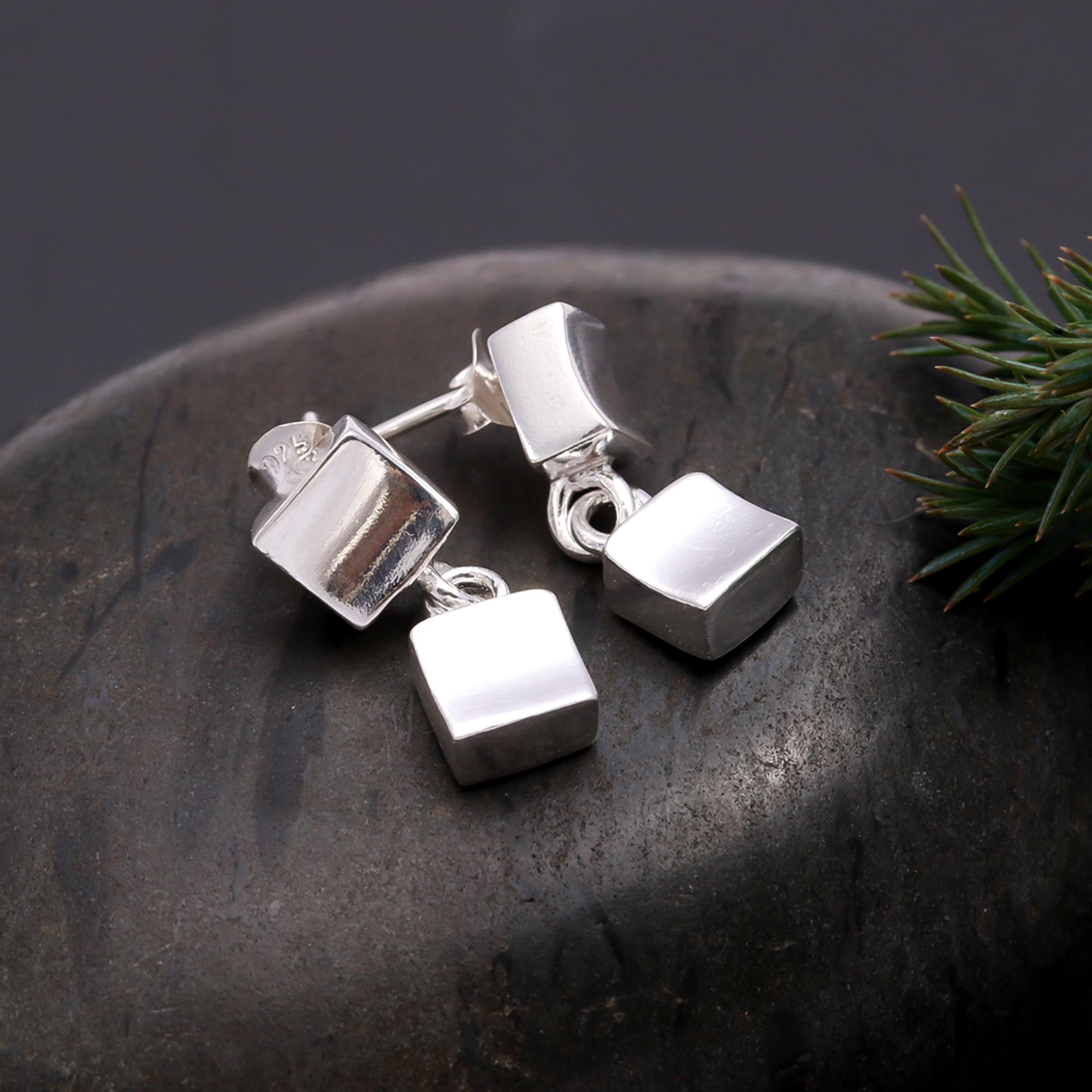 925 Silver Double Cube Stud Drop Earrings
