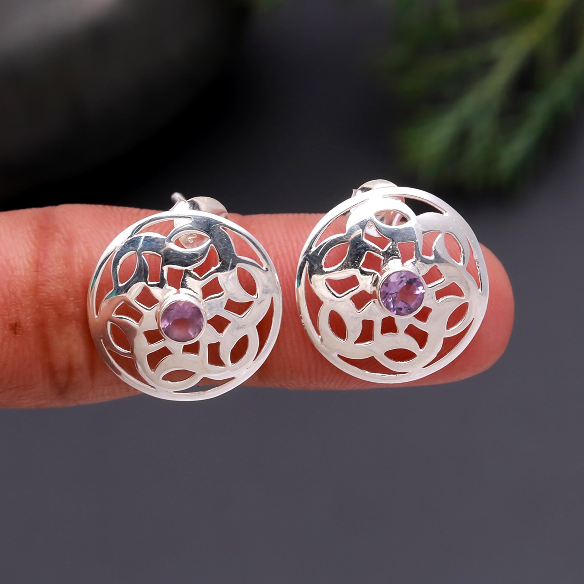 925 Silver Round Amethyst Filigree Stud Earrings
