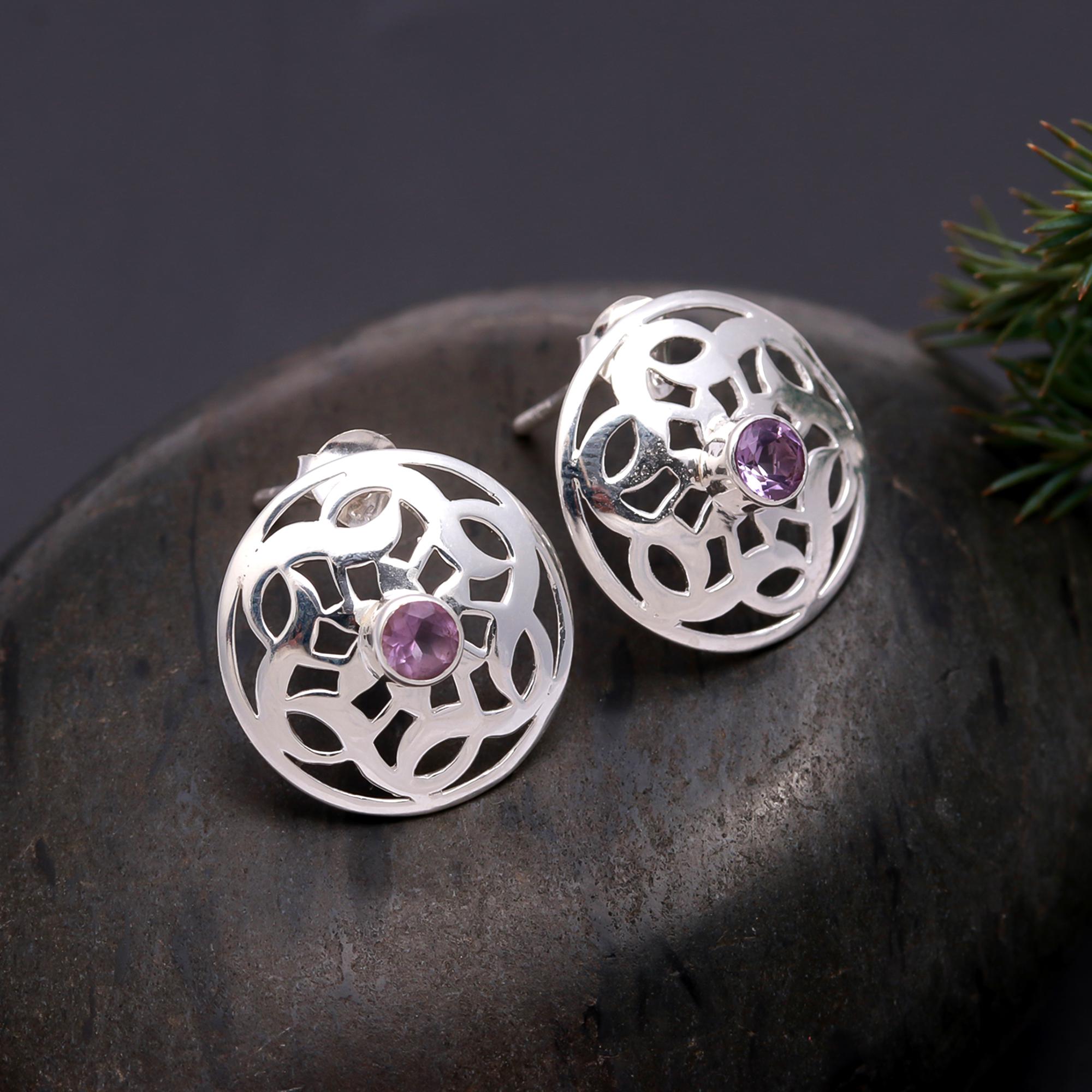 925 Silver Round Amethyst Filigree Stud Earrings