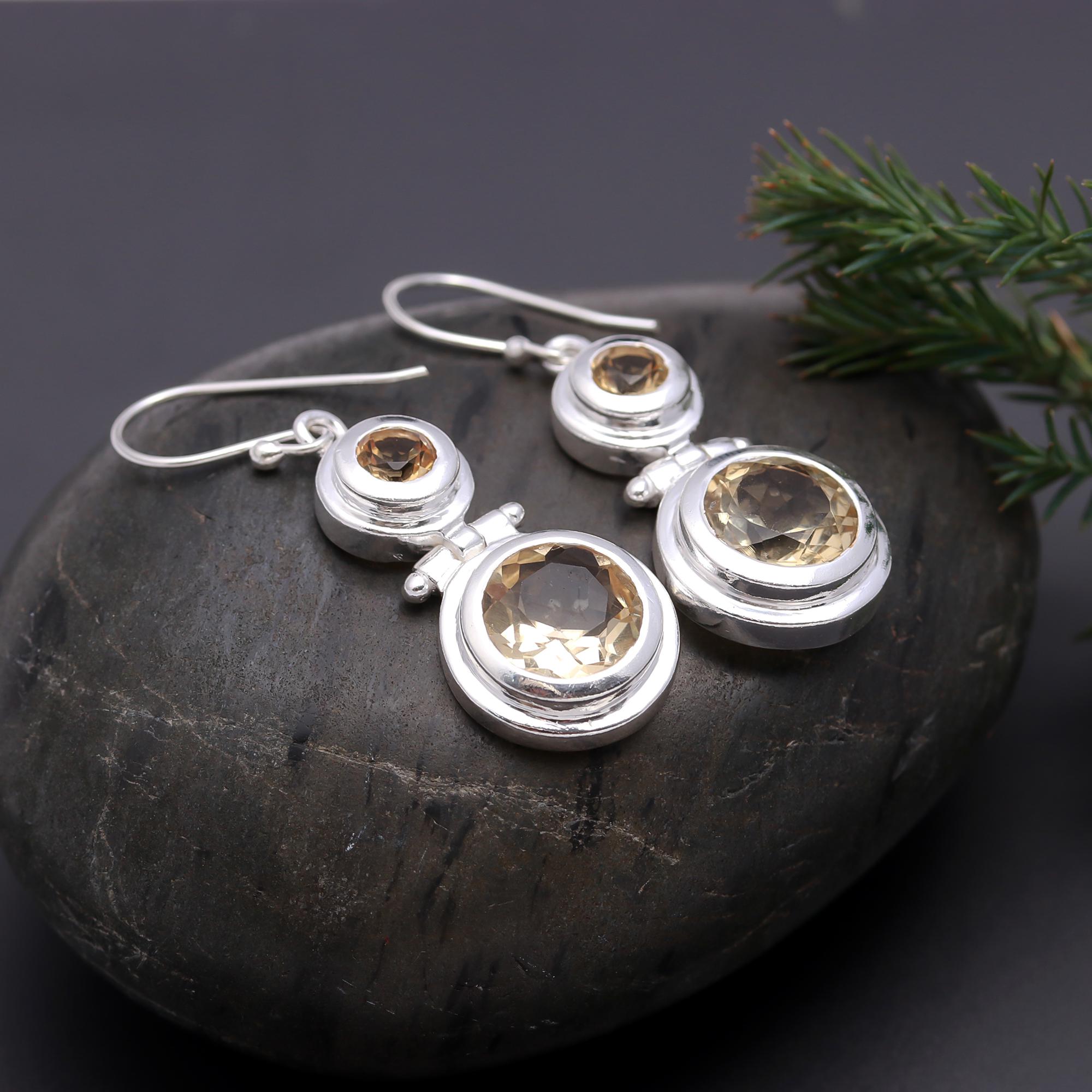 925 Silver Double Circle Faceted Citrine Dangle Earrings