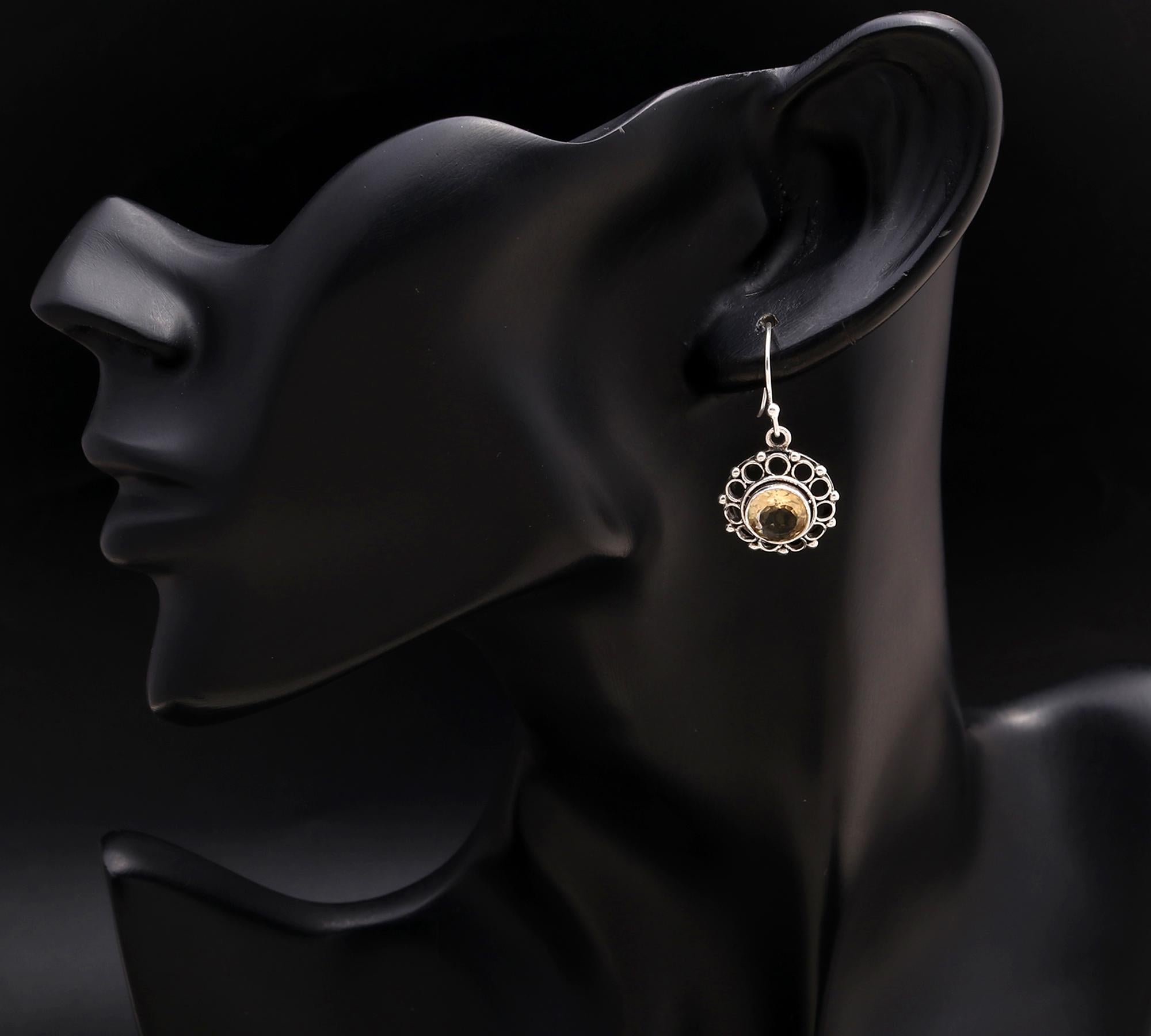 925 Silver Citrine Beaded Frame Dangle Earrings