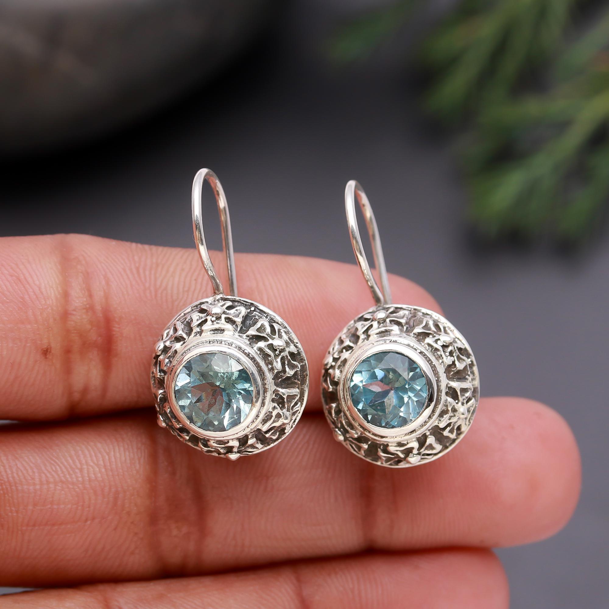 925 Silver Blue Topaz Textured Frame Dangle Earrings