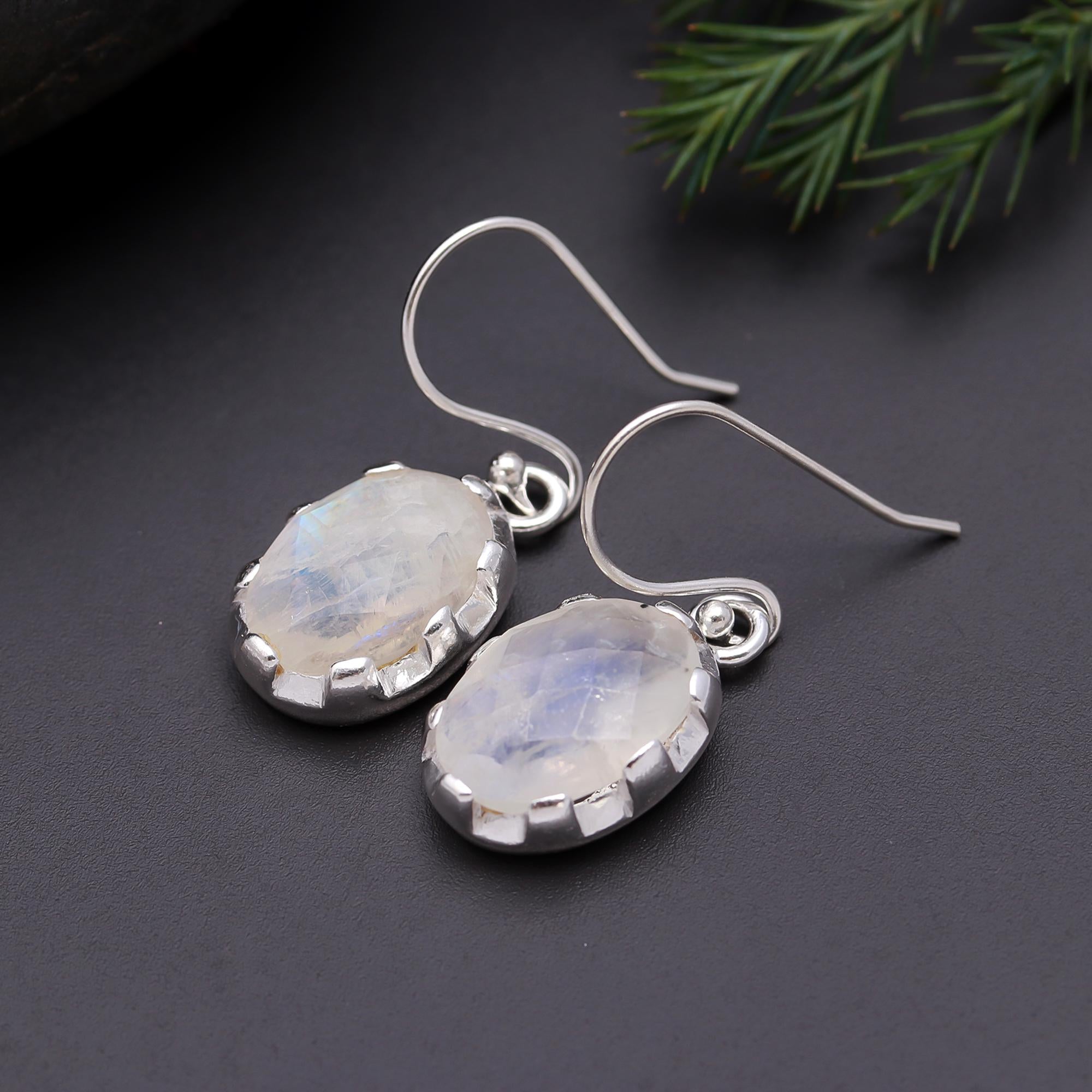 925 Silver Rainbow Moonstone Dangle Earrings