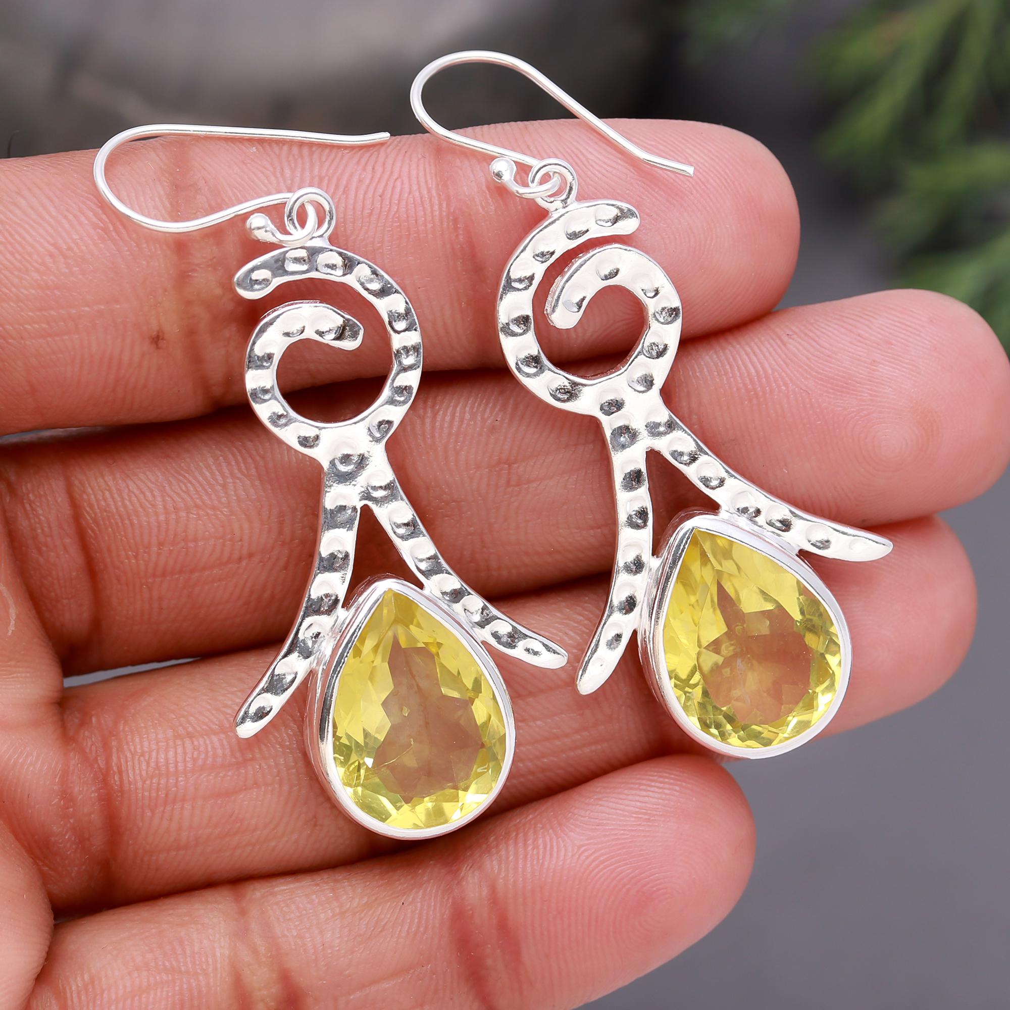 925 Silver Swirl Yellow Quartz Dangle Earrings