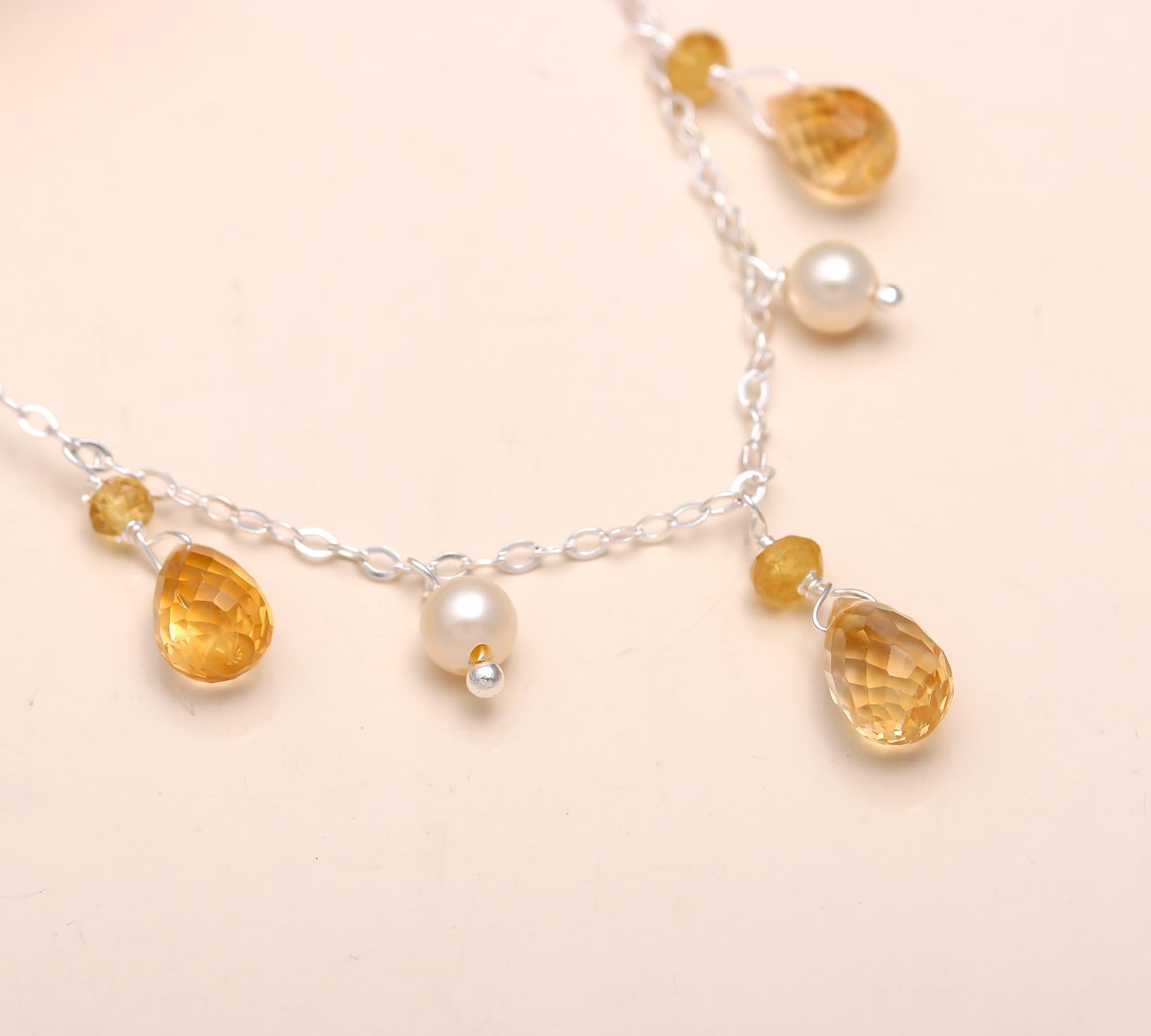 925 Silver Citrine and Pearl Necklace