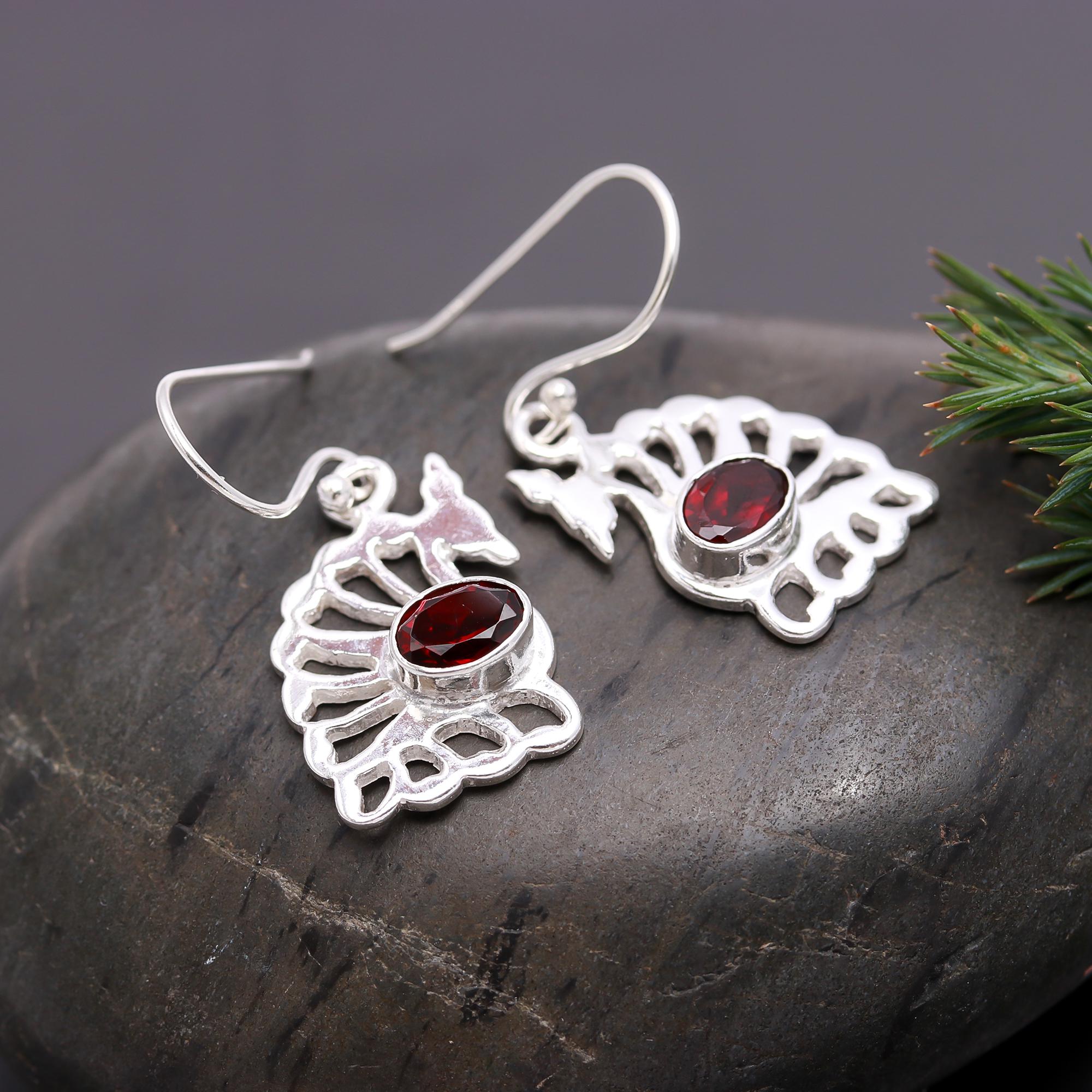 925 Silver Garnet Dangle Earrings