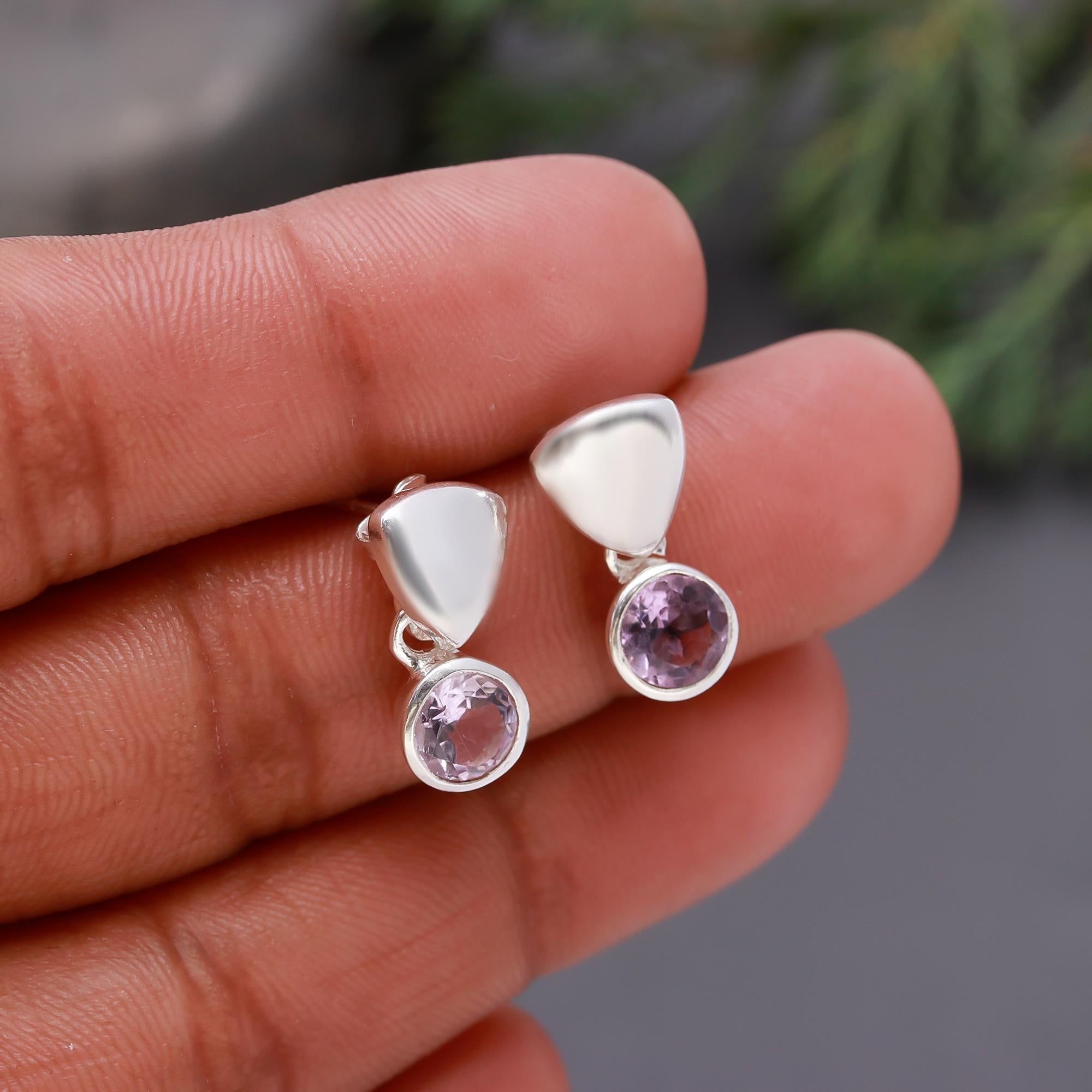 925 Silver Triangle Top Amethyst Drop Earrings