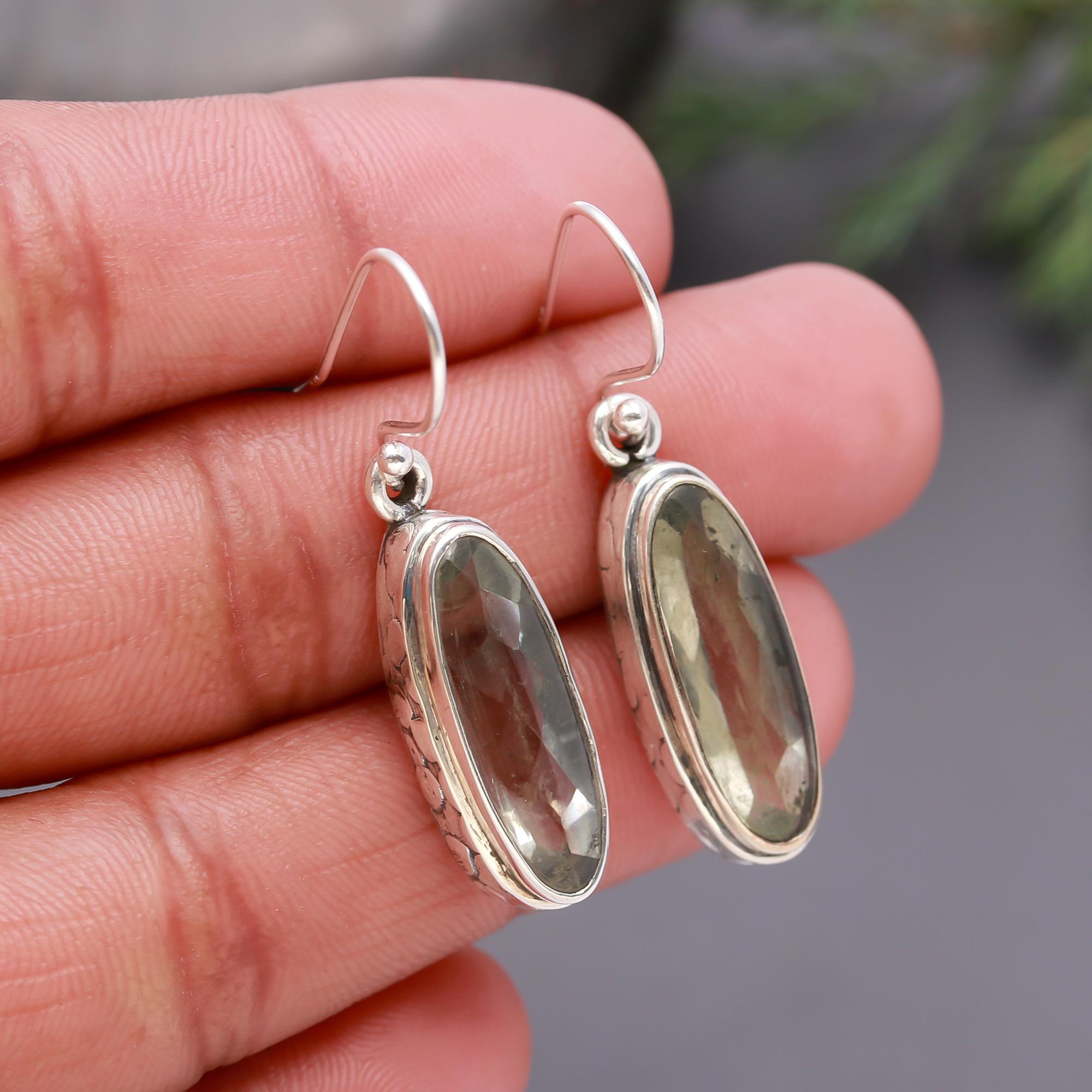 925 Silver Long Oval Green Quartz Dangle Earrings