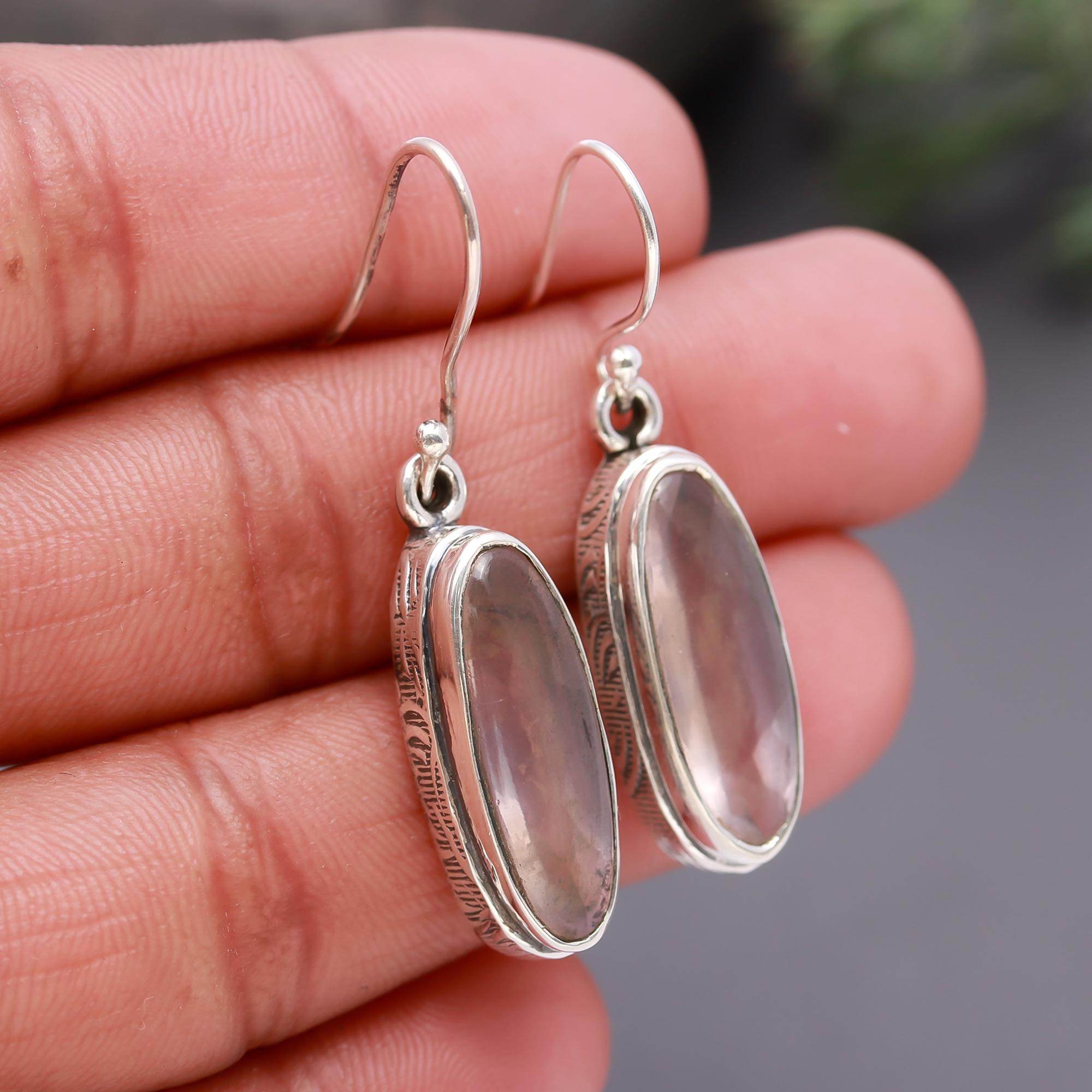 925 Silver Long Oval Smoky Quartz Dangle Earrings