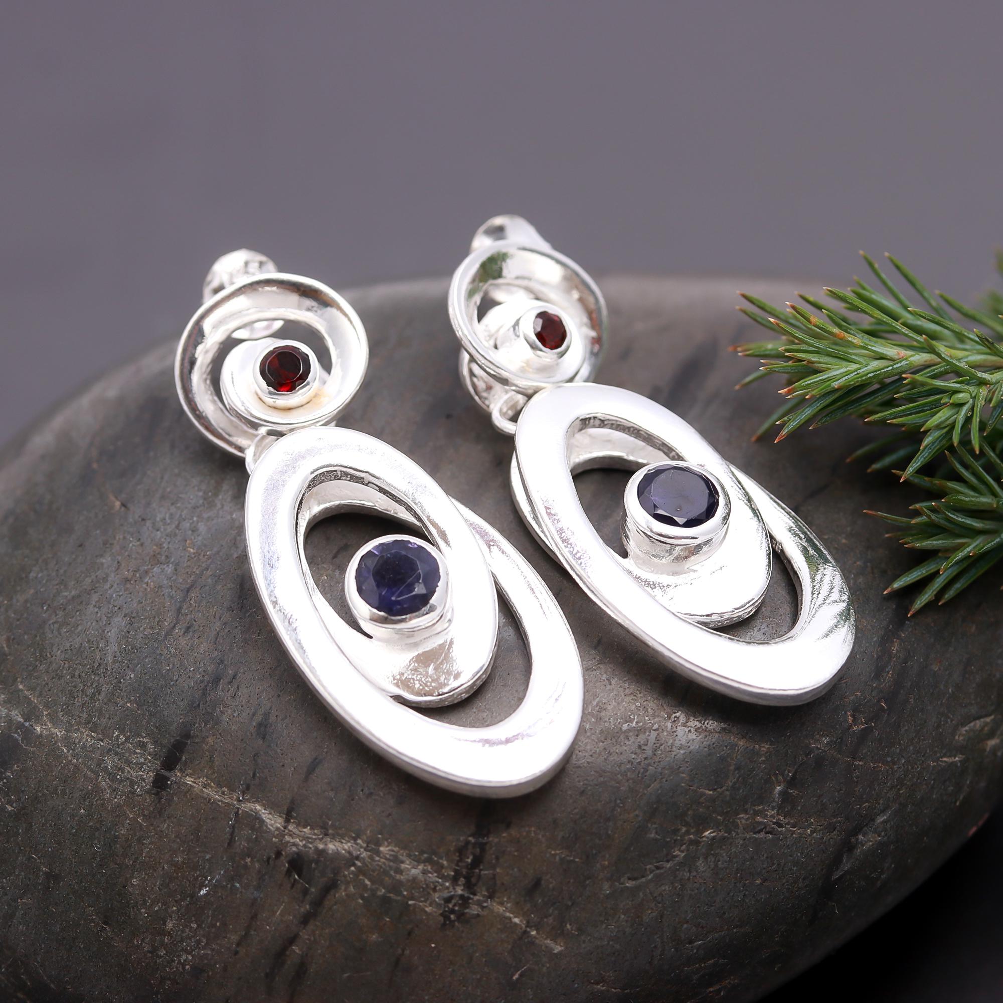 925 Silver Garnet and Iolite Dangle Earrings