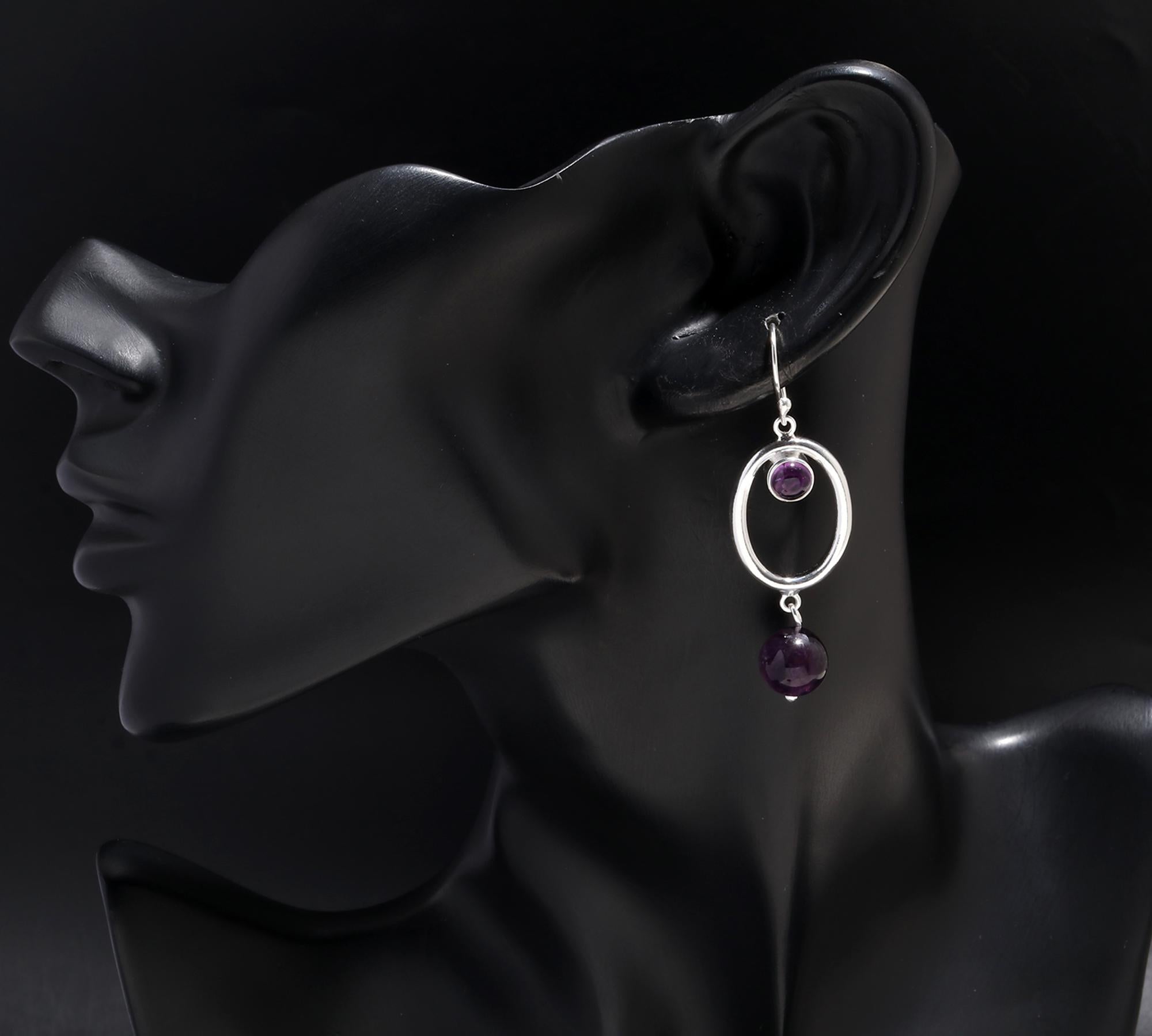 925 Silver Amethyst Beads Oval Hoop Dangle Earrings