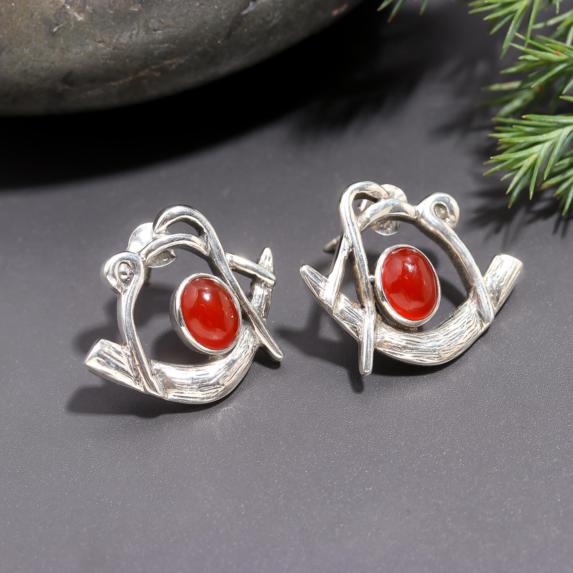 925 Silver Oval Red Carnelian Stud Earrings