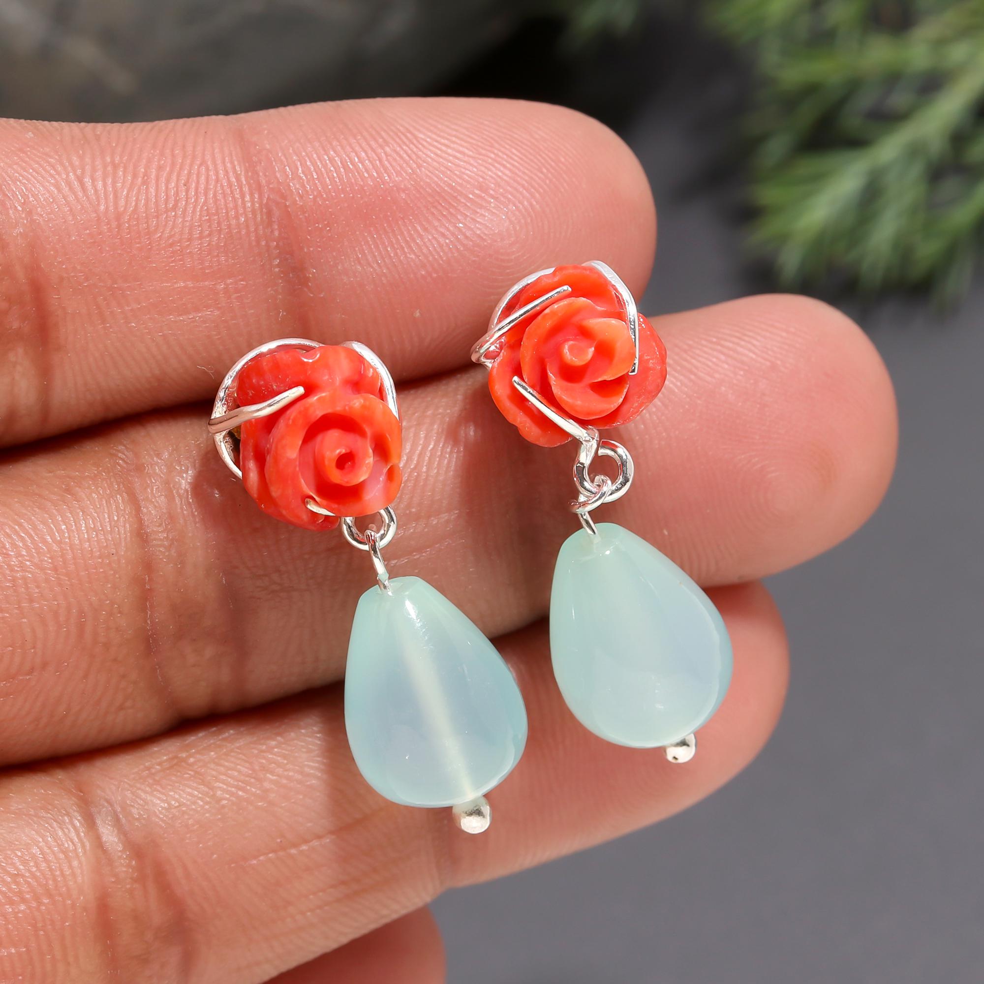 925 Silver Rose Coral & Aqua Chalcedony Drop Earrings